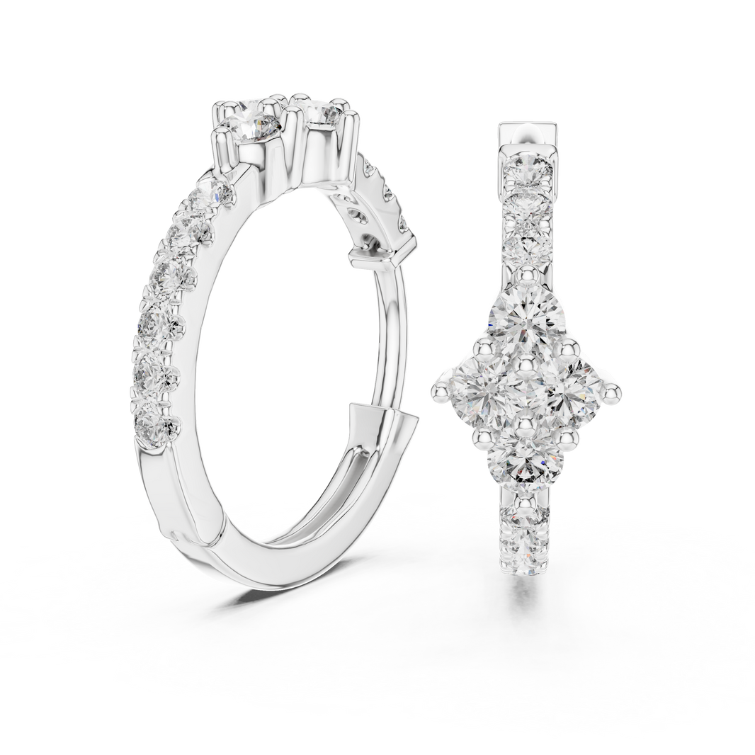 Star cluster pave huggie earrings with pave set band and four point round stone star cluster at centre