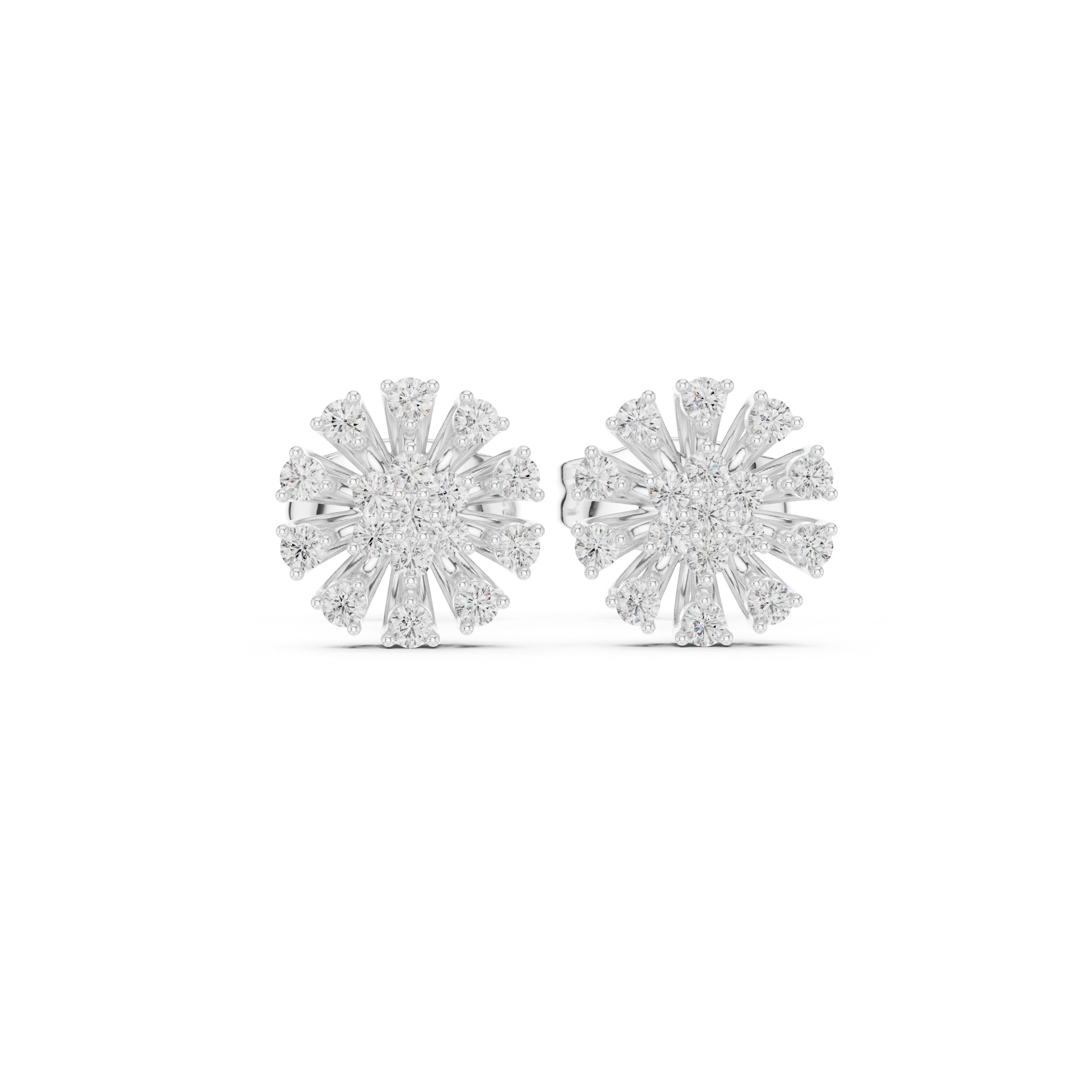 Round brilliant cluster stud earrings with radiating prong-set stone-tipped spokes in a starburst design