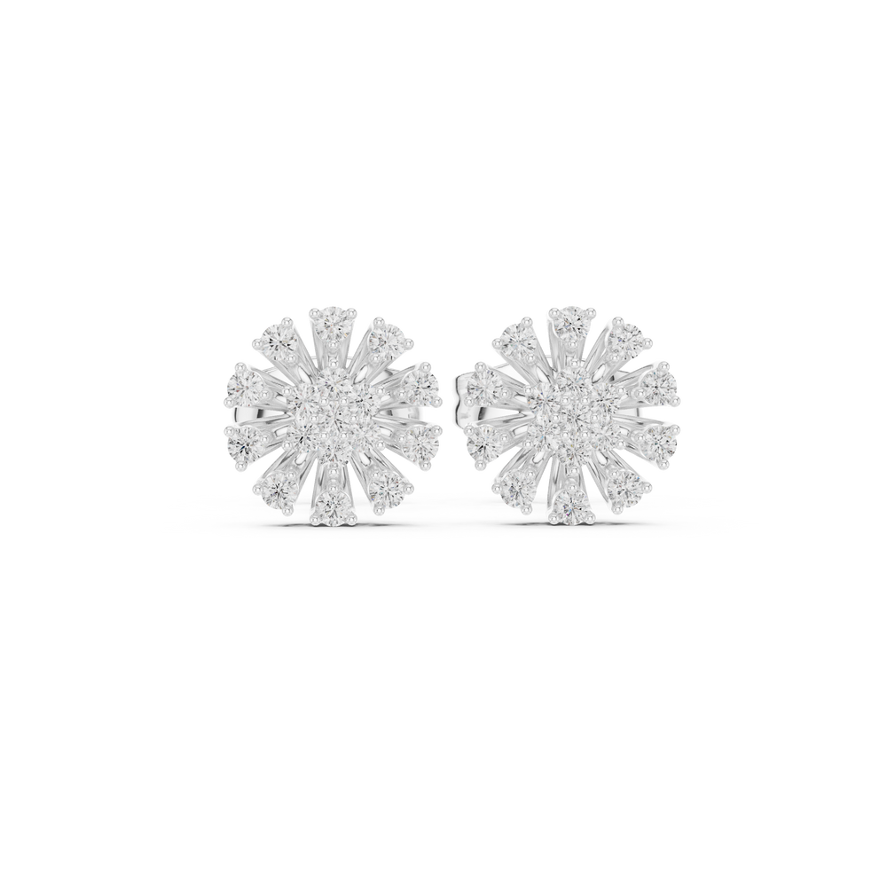 Round brilliant cluster stud earrings with radiating prong-set stone-tipped spokes in a starburst design