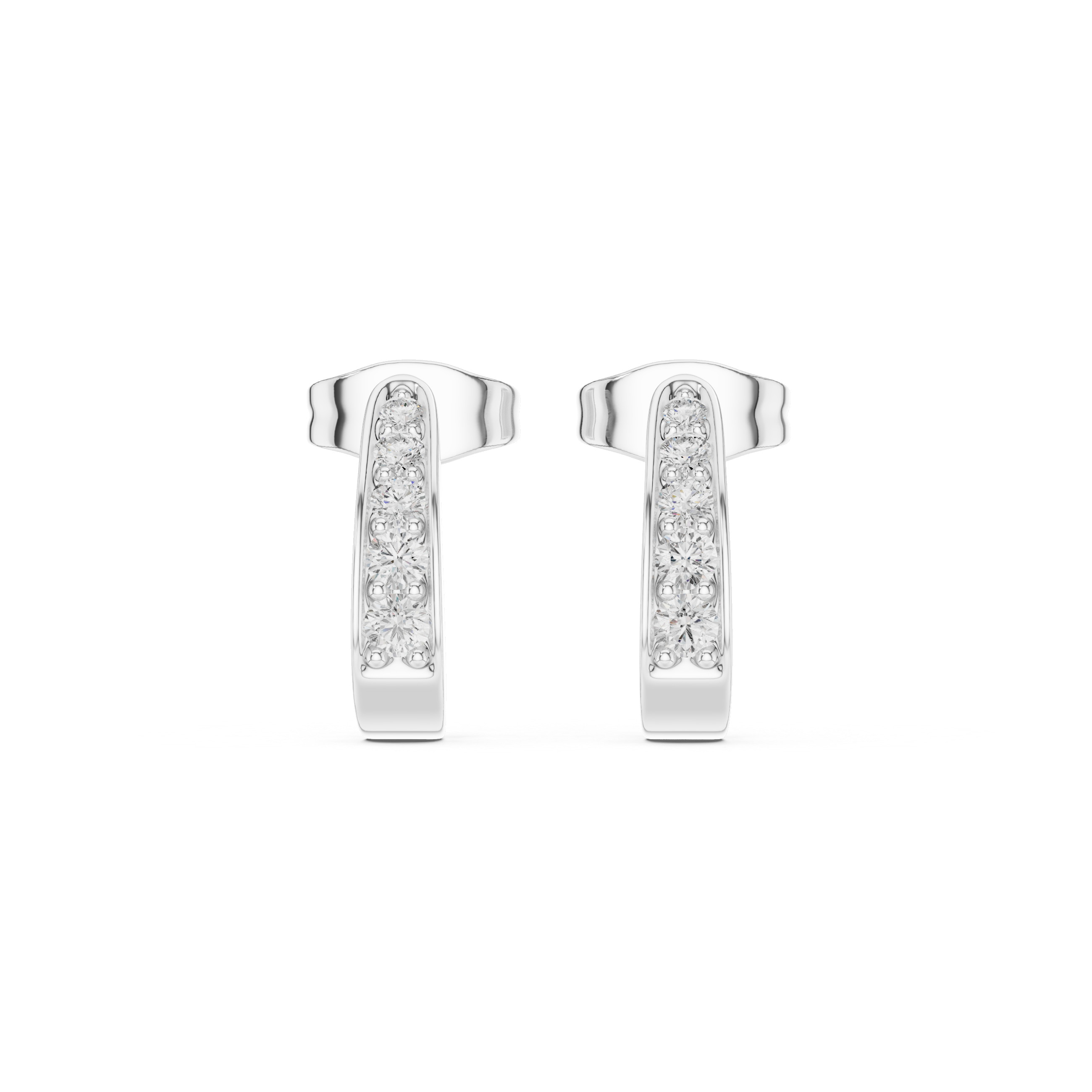 J-shaped huggie earrings with a single row of round brilliant stones along the outer curved band