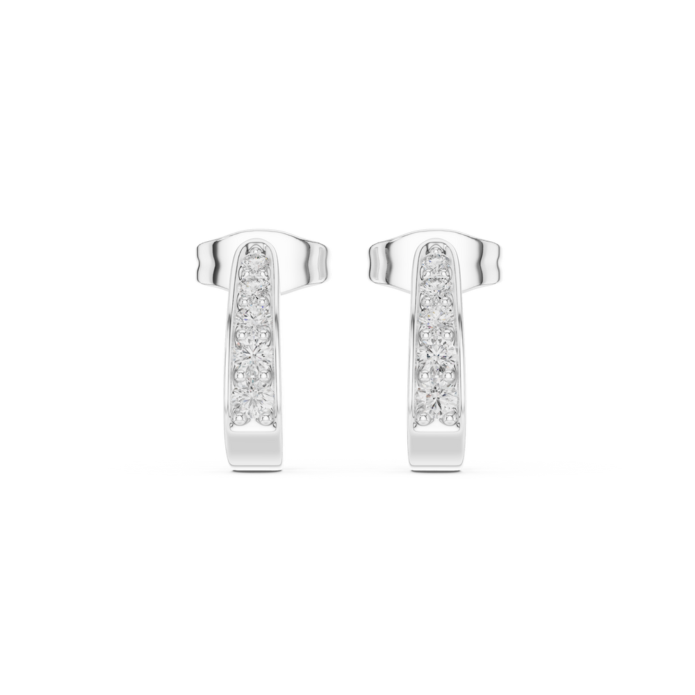 J-shaped huggie earrings with a single row of round brilliant stones along the outer curved band