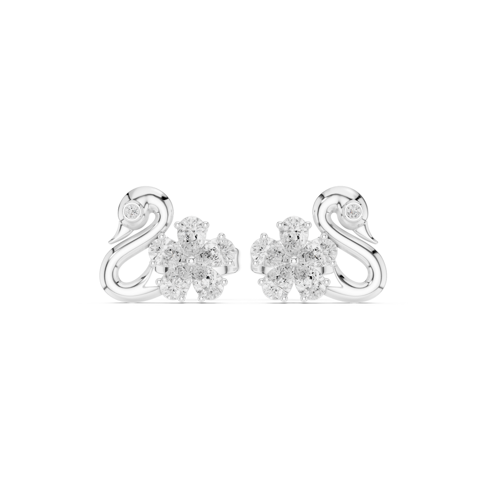 Swan floral cluster stud earrings with smooth swan neck frame, bezel set eye stone and round stone floral cluster body