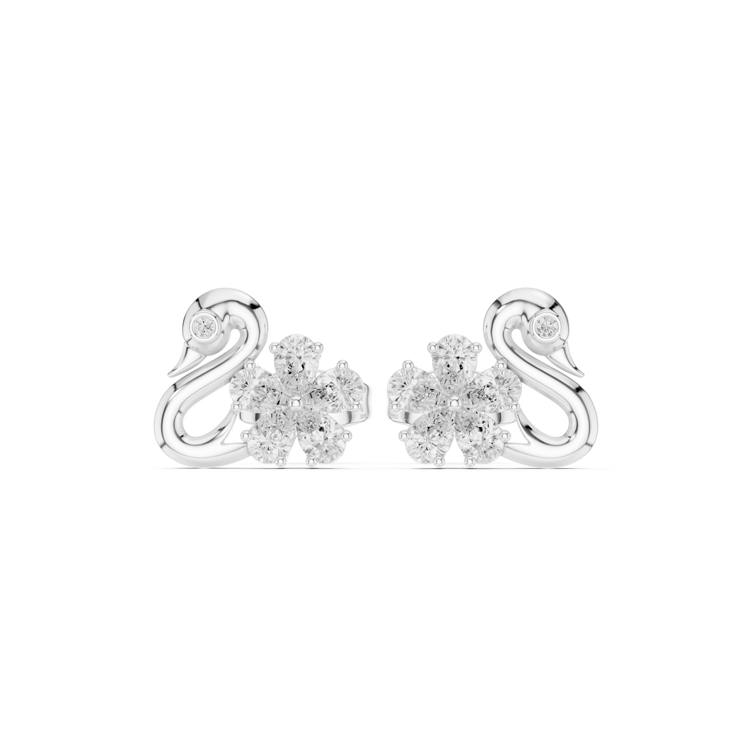 Swan floral cluster stud earrings with smooth swan neck frame, bezel set eye stone and round stone floral cluster body