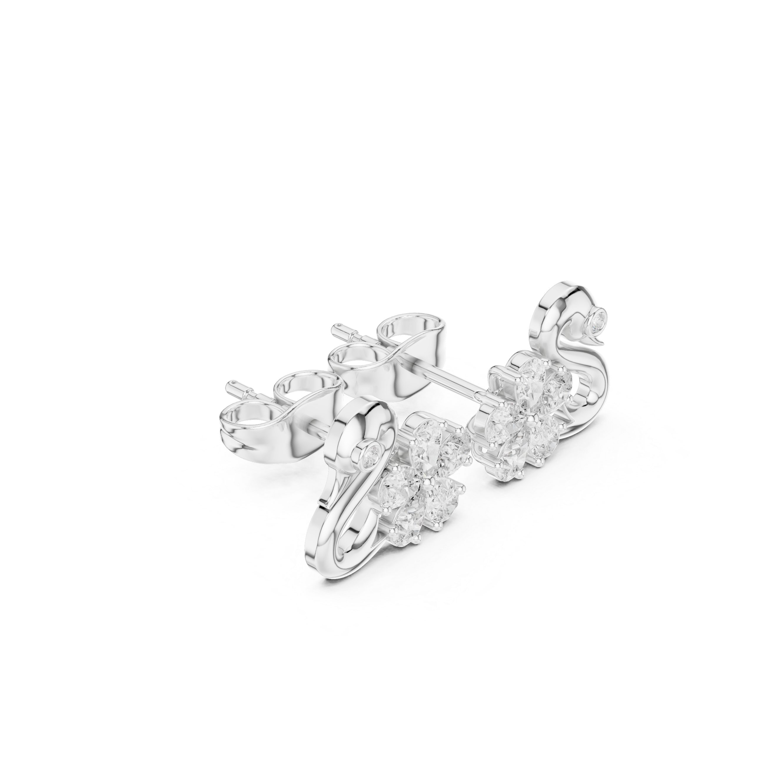 Swan floral cluster stud earrings with smooth swan neck frame, bezel set eye stone and round stone floral cluster body