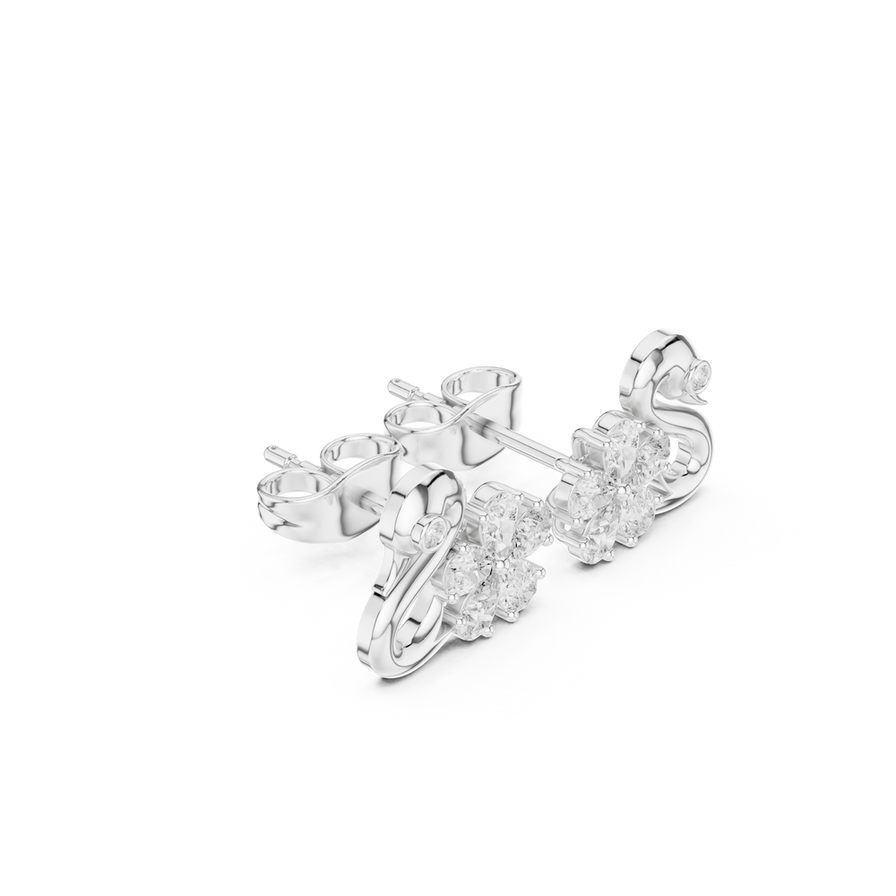 Swan floral cluster stud earrings with smooth swan neck frame, bezel set eye stone and round stone floral cluster body