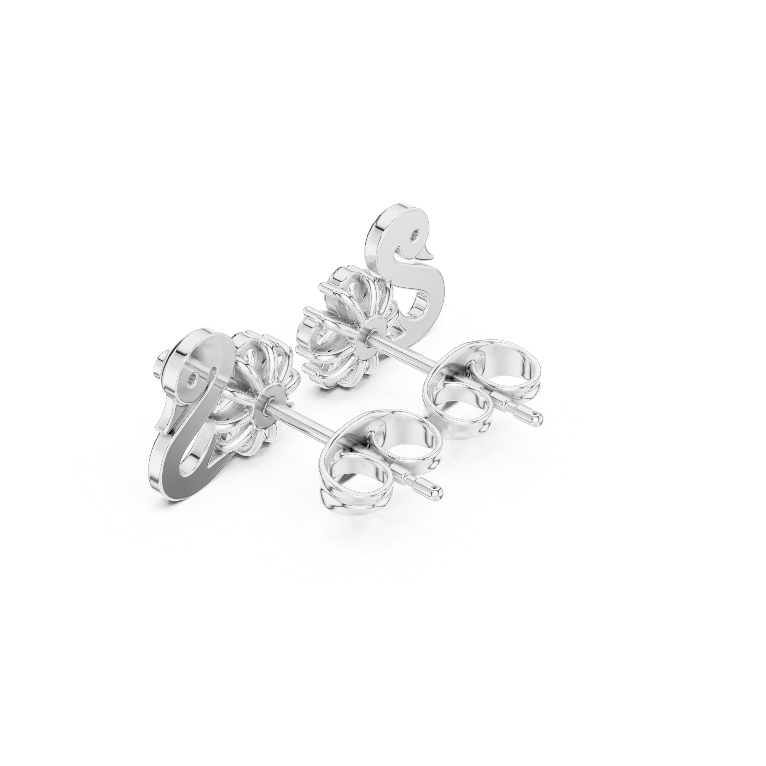 Swan floral cluster stud earrings with smooth swan neck frame, bezel set eye stone and round stone floral cluster body