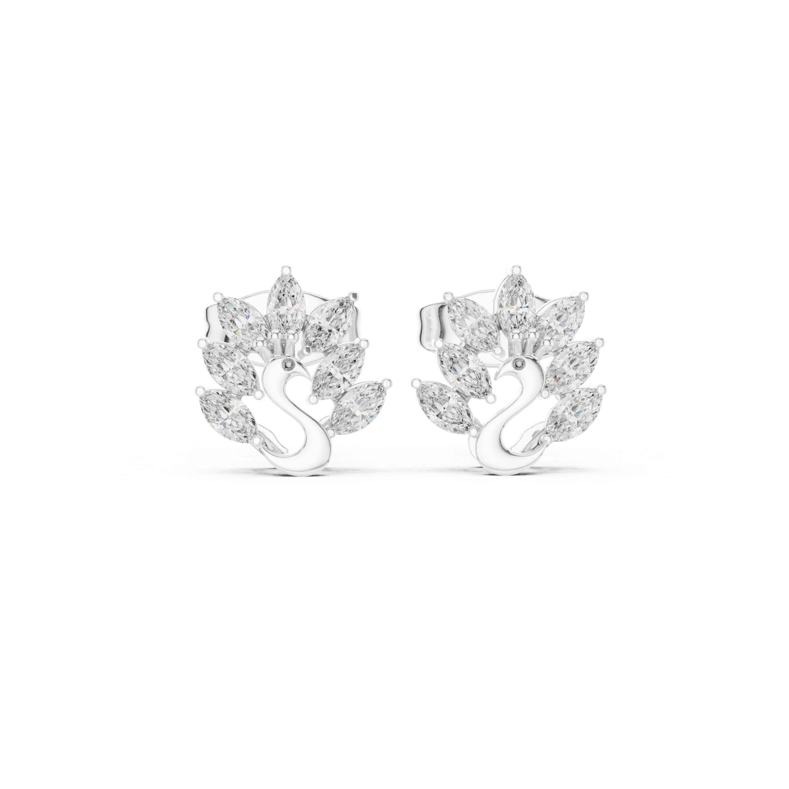 Polished swan motif stud earrings with marquise stone feather cluster above