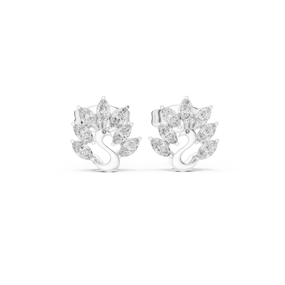 Polished swan motif stud earrings with marquise stone feather cluster above