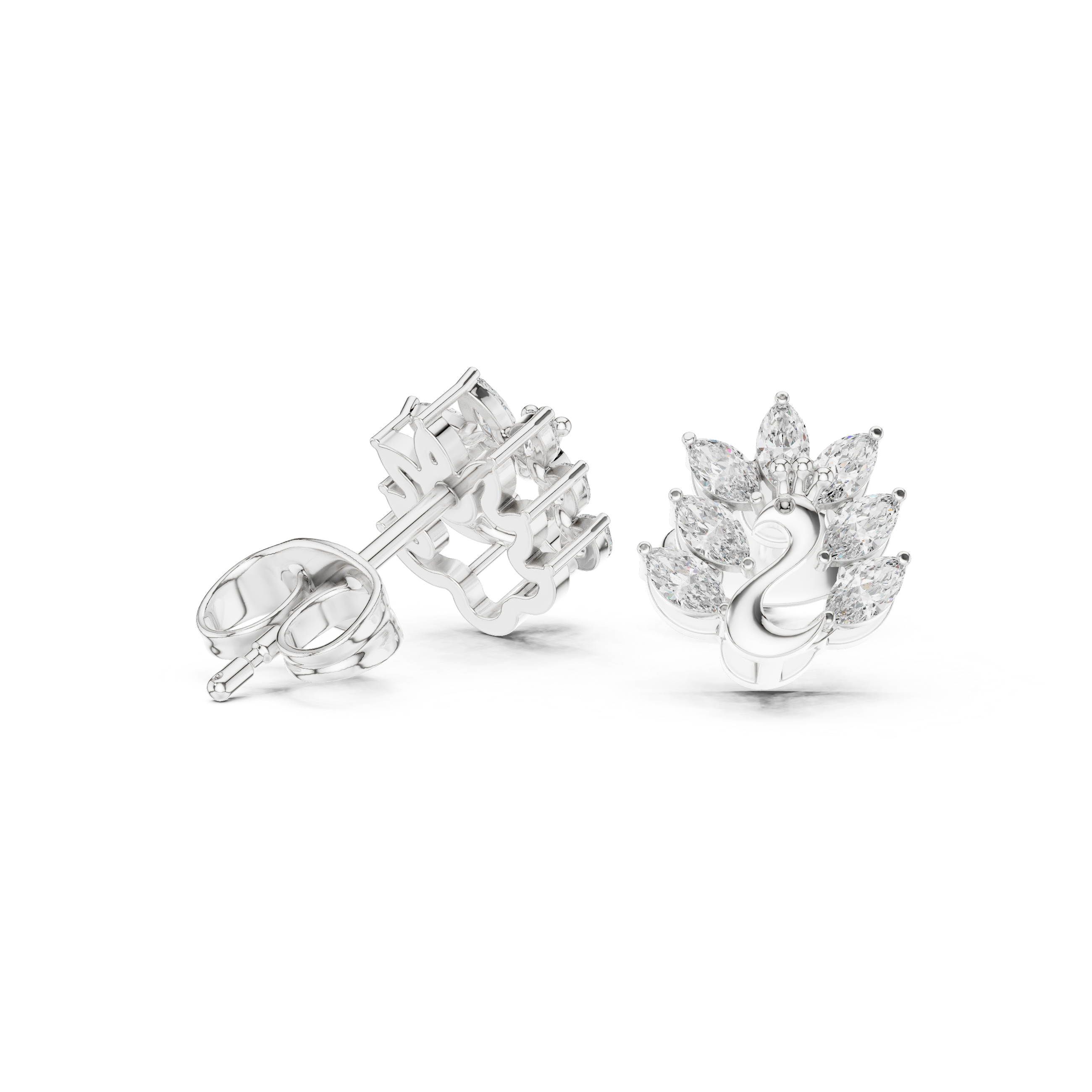 Polished swan motif stud earrings with marquise stone feather cluster above