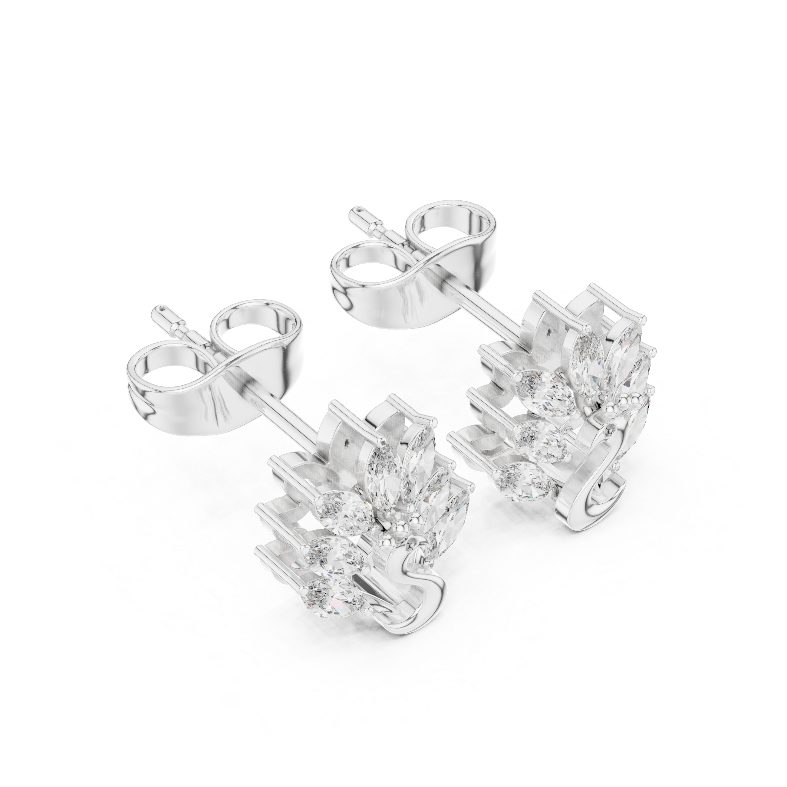 Polished swan motif stud earrings with marquise stone feather cluster above