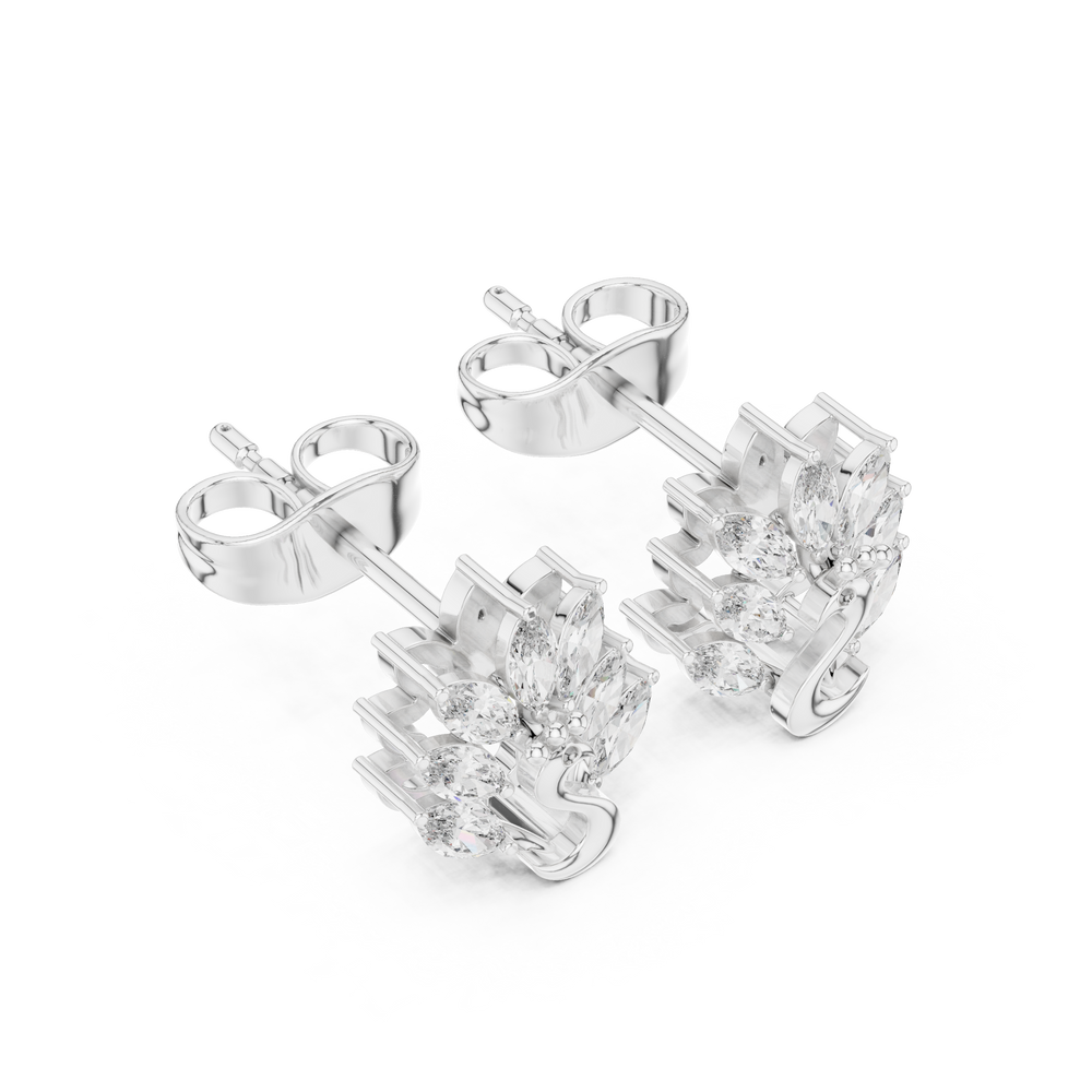 Polished swan motif stud earrings with marquise stone feather cluster above