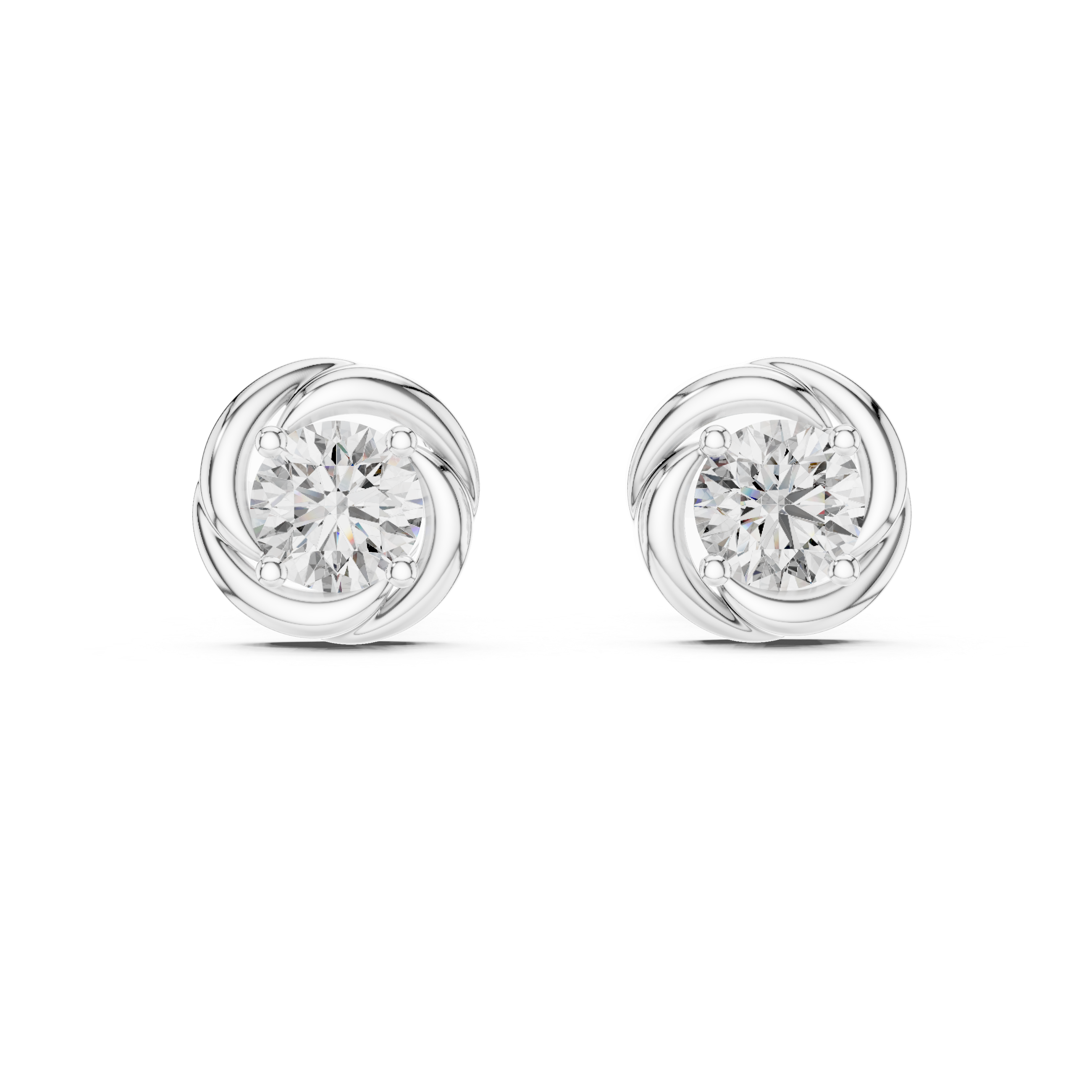 Prong-set round brilliant solitaire stud earrings with a polished swirl surround frame