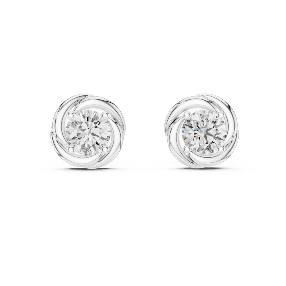 Prong-set round brilliant solitaire stud earrings with a polished swirl surround frame