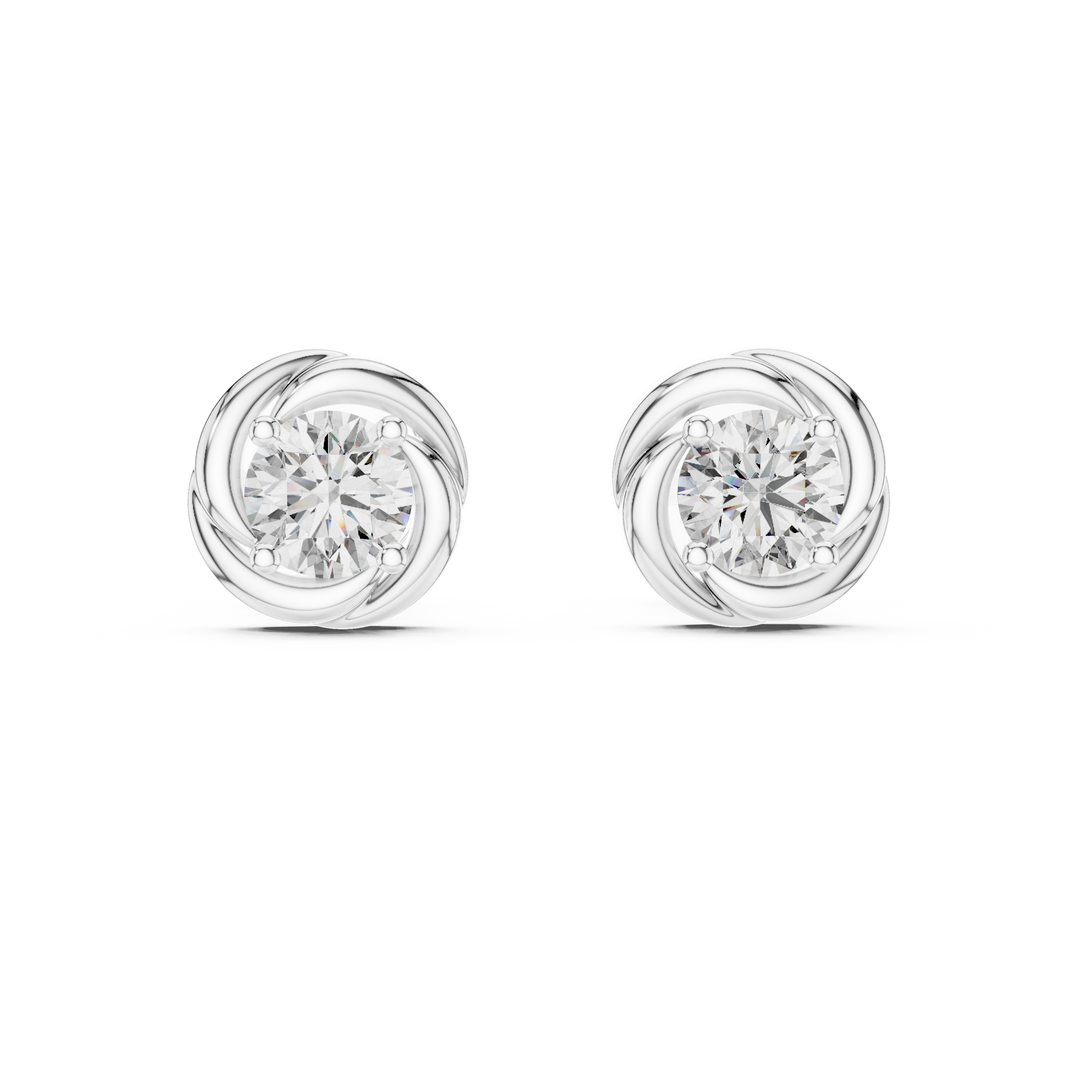 Prong-set round brilliant solitaire stud earrings with a polished swirl surround frame