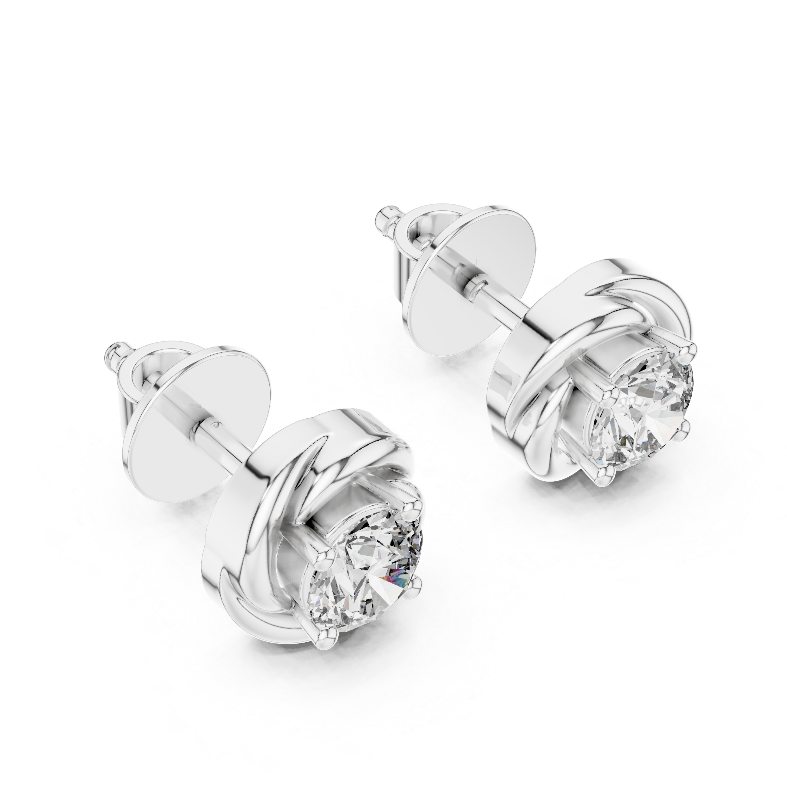 Prong-set round brilliant solitaire stud earrings with a polished swirl surround frame