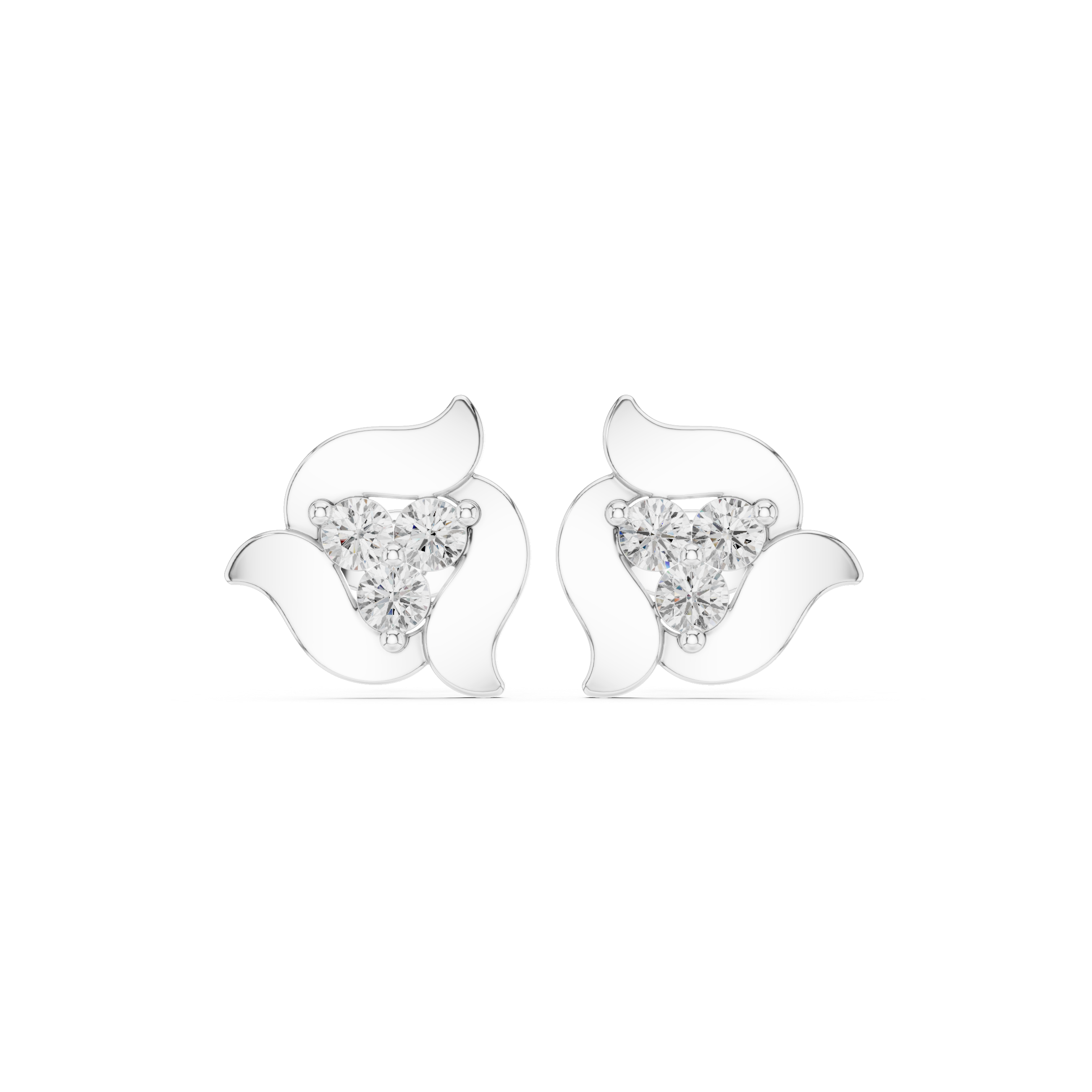 Swirl leaf heart stone stud earrings with smooth curved petal frame and prong set trillion cut centre stone