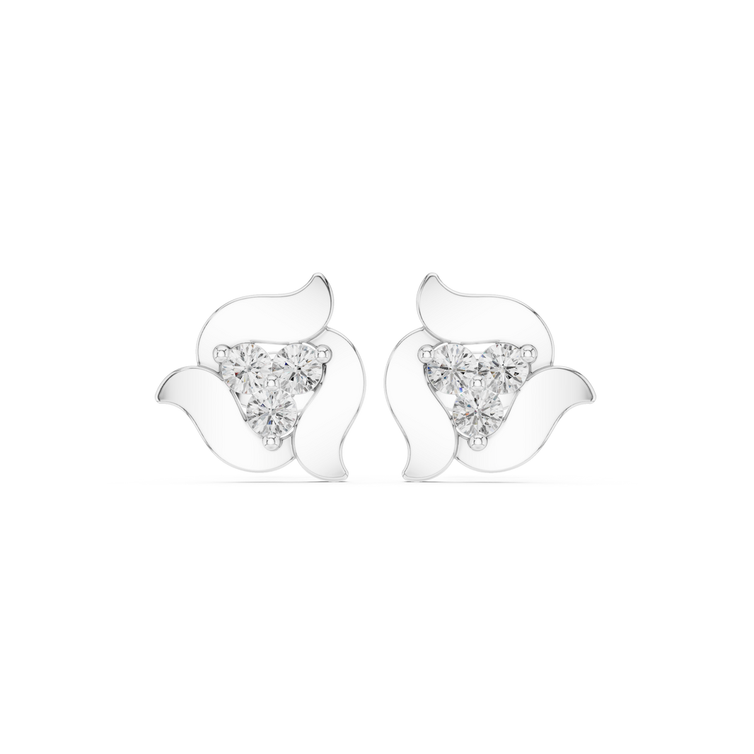 Swirl leaf heart stone stud earrings with smooth curved petal frame and prong set trillion cut centre stone
