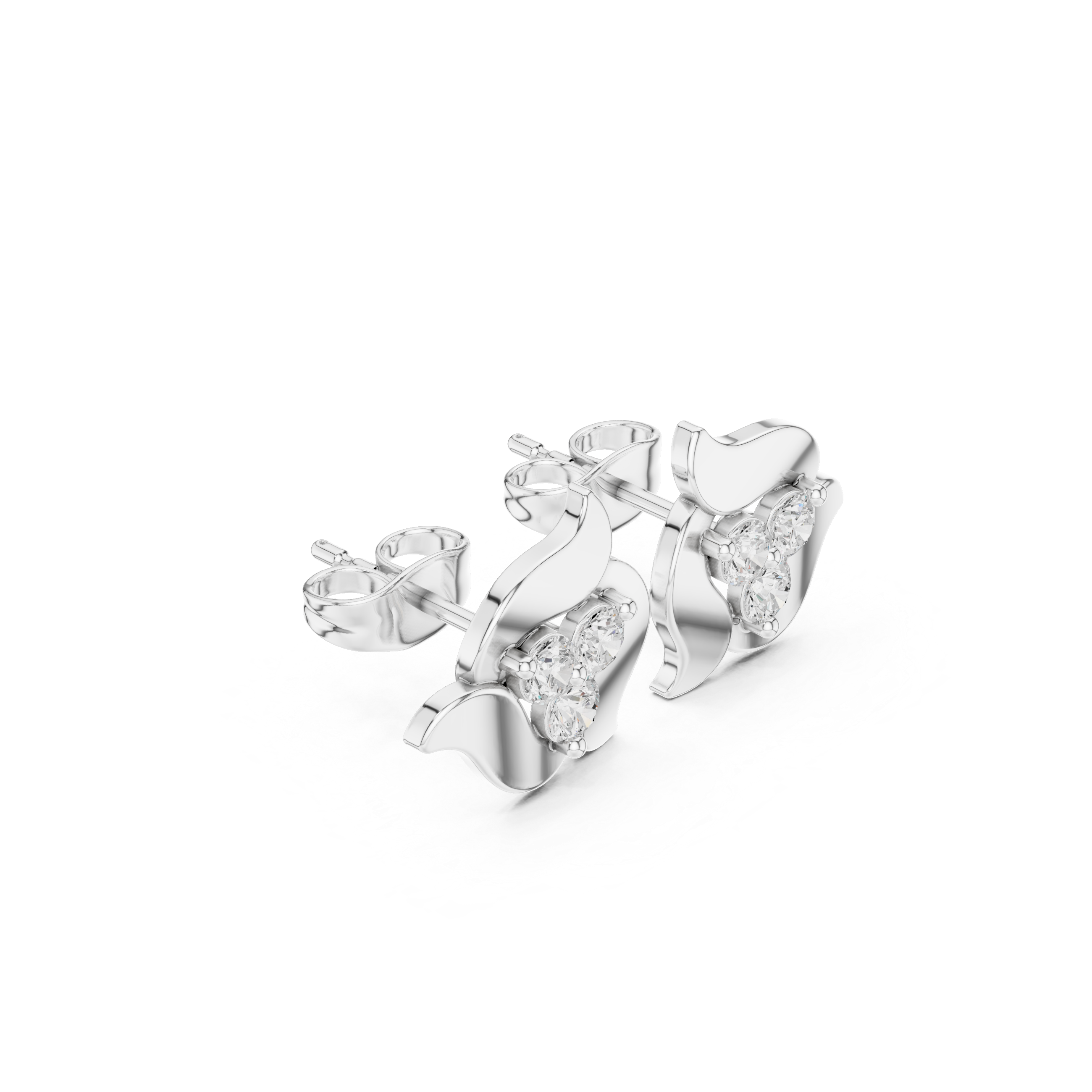 Swirl leaf heart stone stud earrings with smooth curved petal frame and prong set trillion cut centre stone