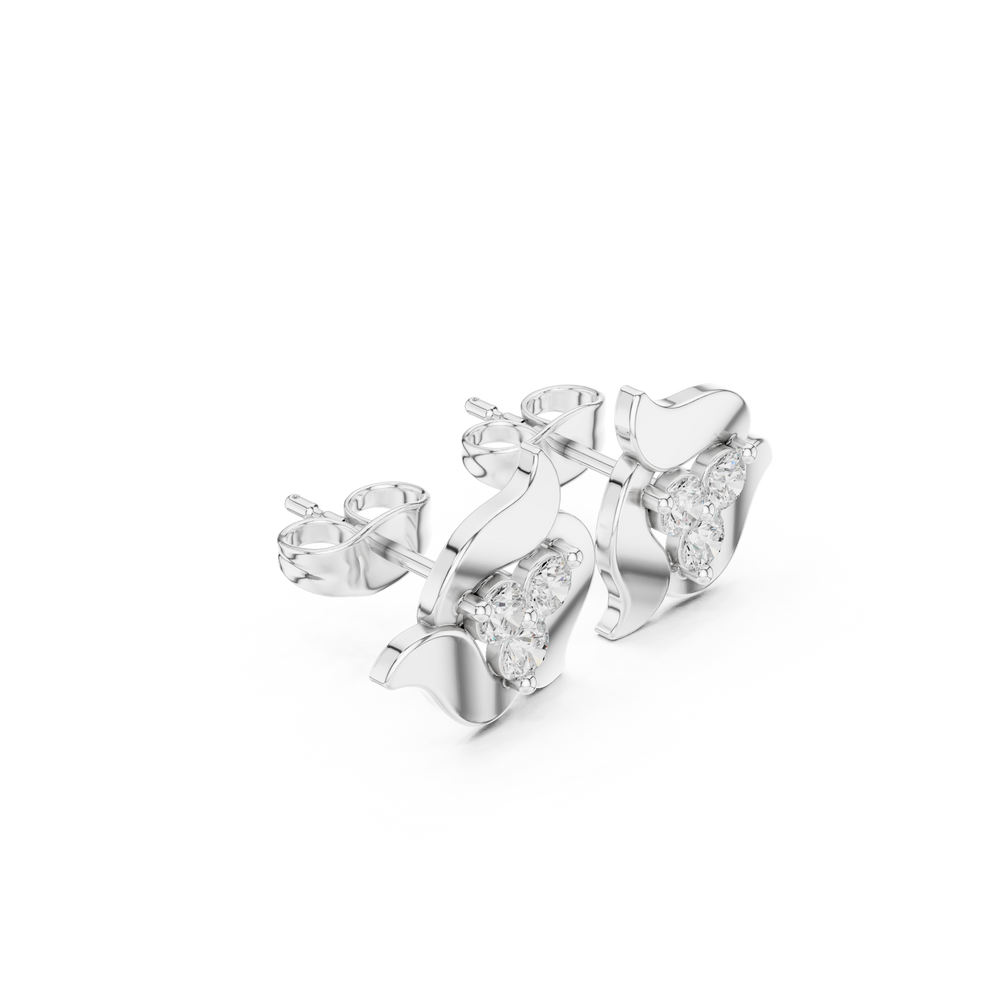 Swirl leaf heart stone stud earrings with smooth curved petal frame and prong set trillion cut centre stone