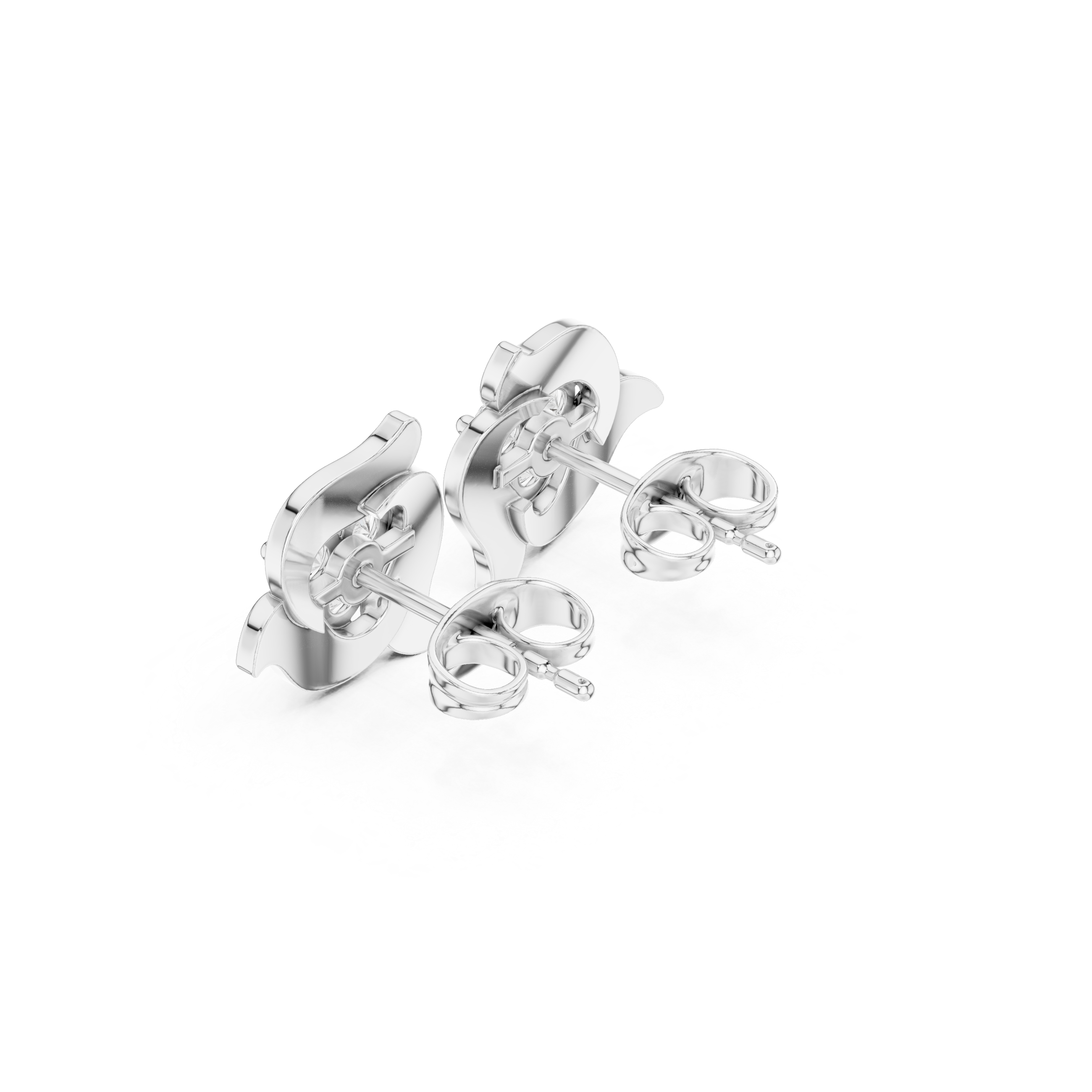 Swirl leaf heart stone stud earrings with smooth curved petal frame and prong set trillion cut centre stone
