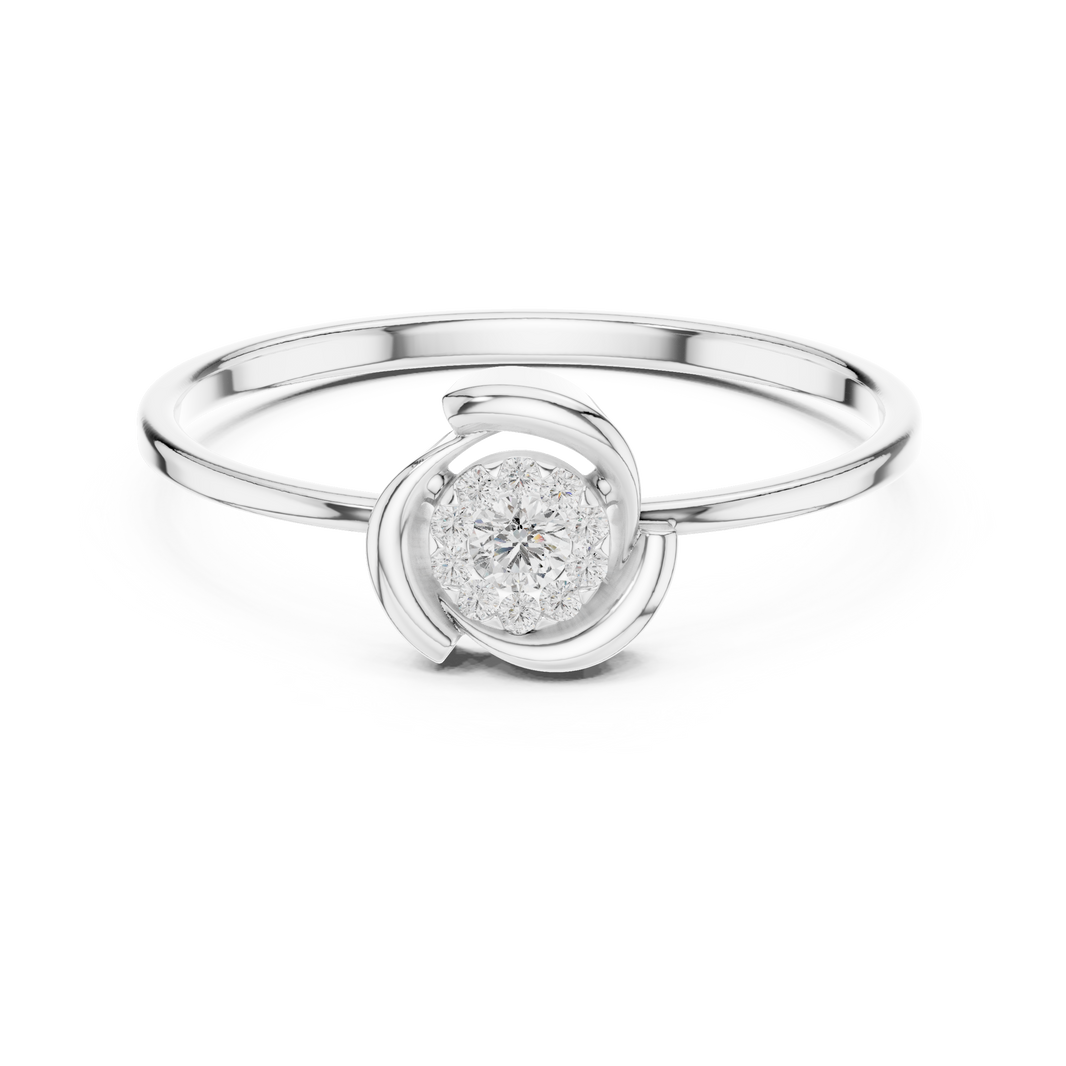 Swirl design pave diamond ring with round cluster setting