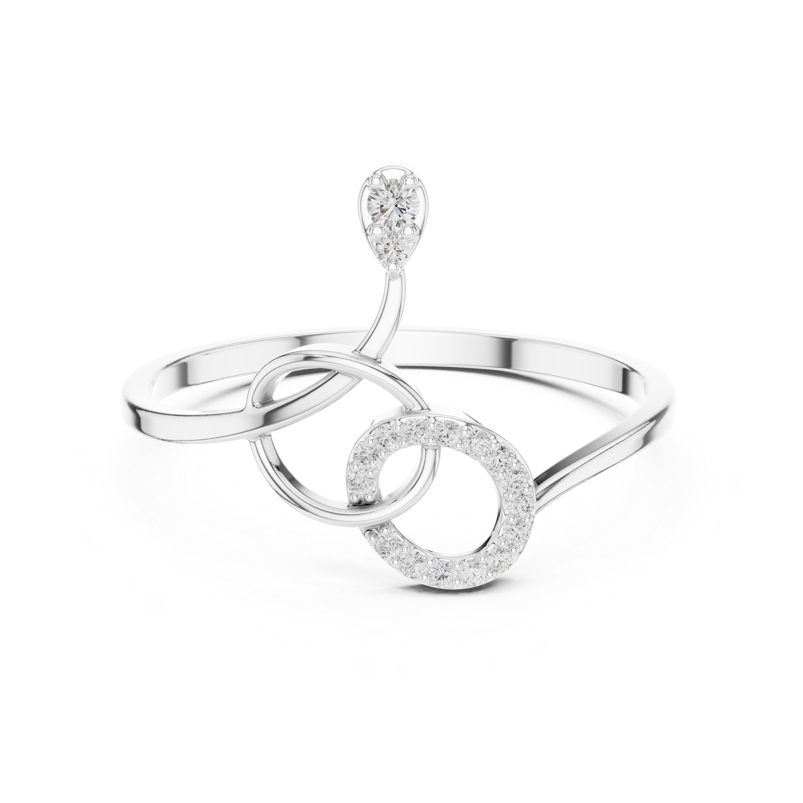 Swirl treble clef open ring with pave circle loop and teardrop solitaire top