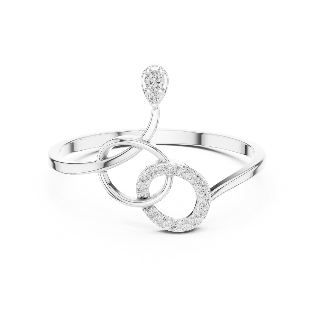 Swirl treble clef open ring with pave circle loop and teardrop solitaire top