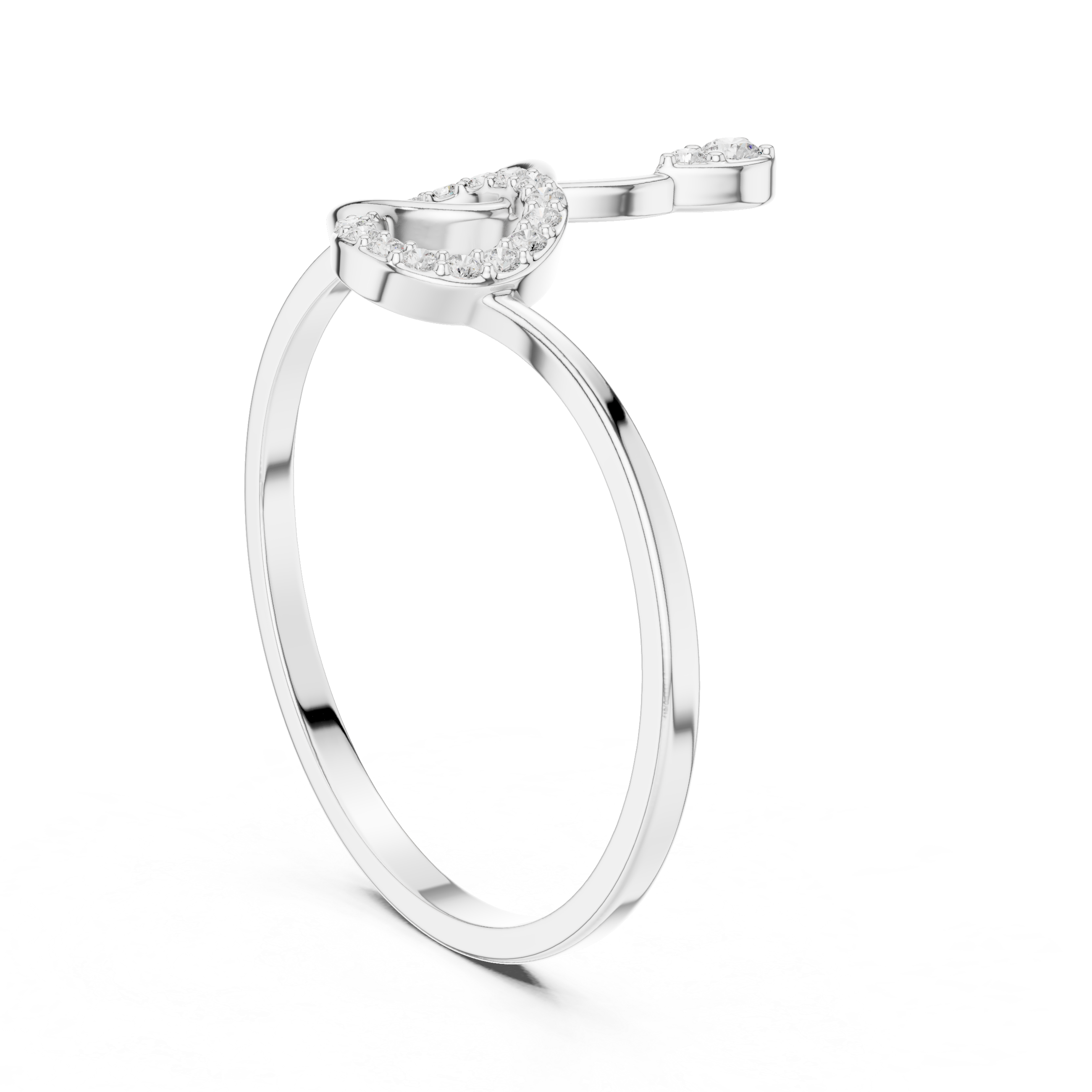 Swirl treble clef open ring with pave circle loop and teardrop solitaire top