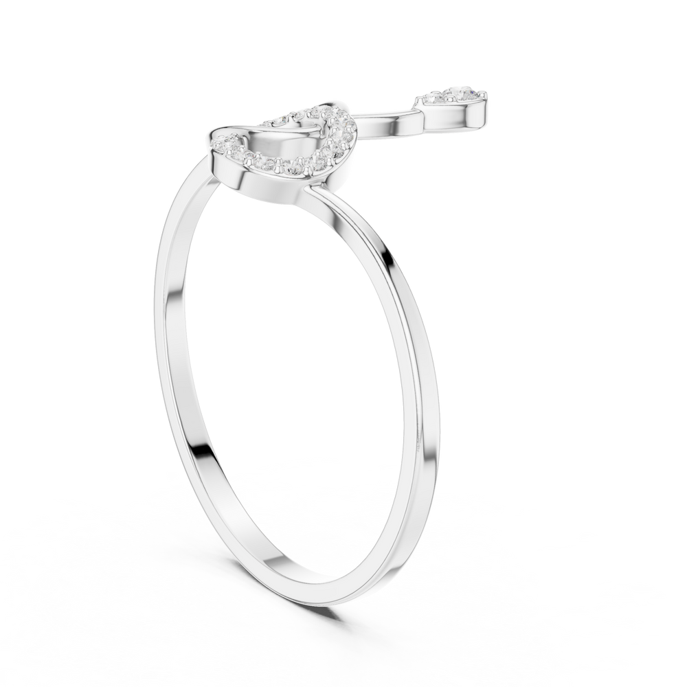 Swirl treble clef open ring with pave circle loop and teardrop solitaire top