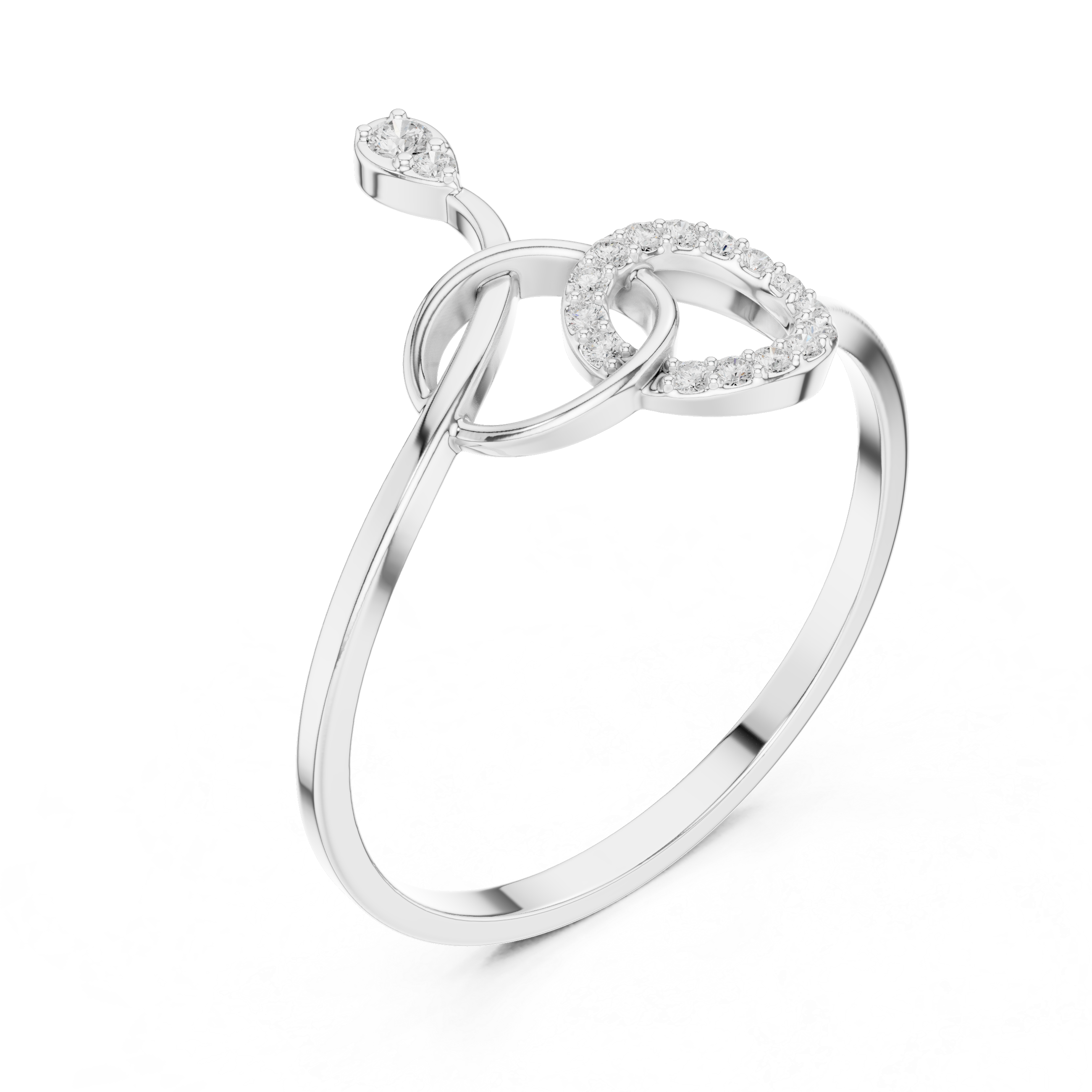 Swirl treble clef open ring with pave circle loop and teardrop solitaire top