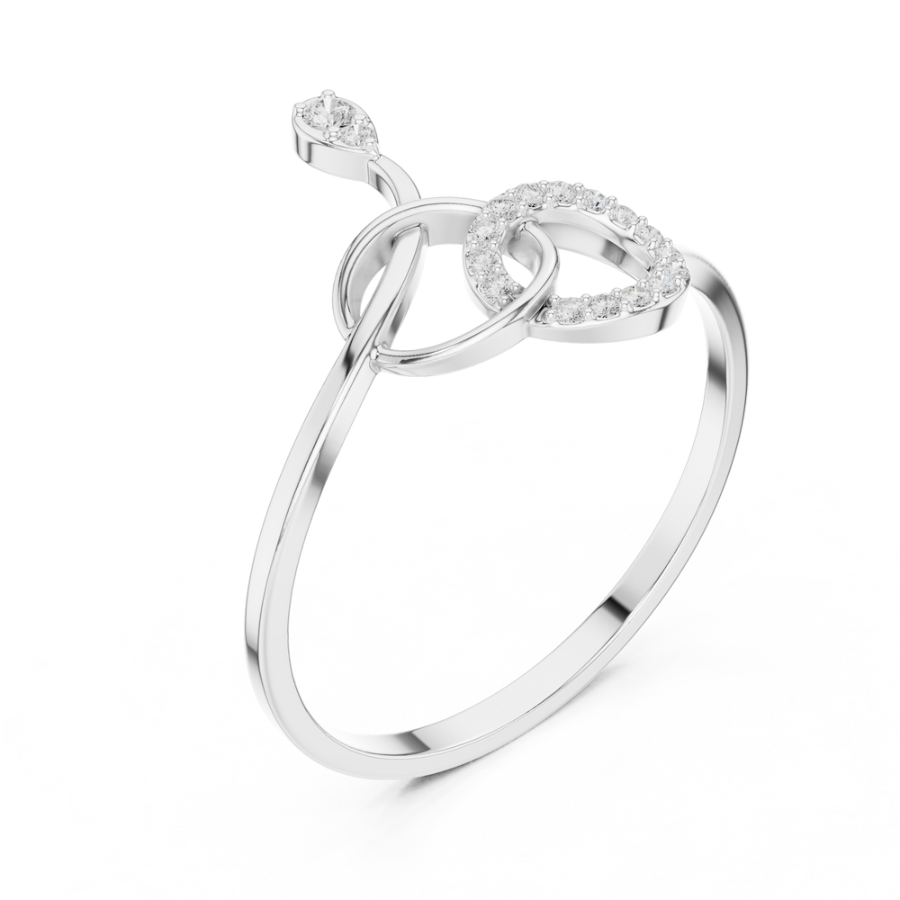 Swirl treble clef open ring with pave circle loop and teardrop solitaire top
