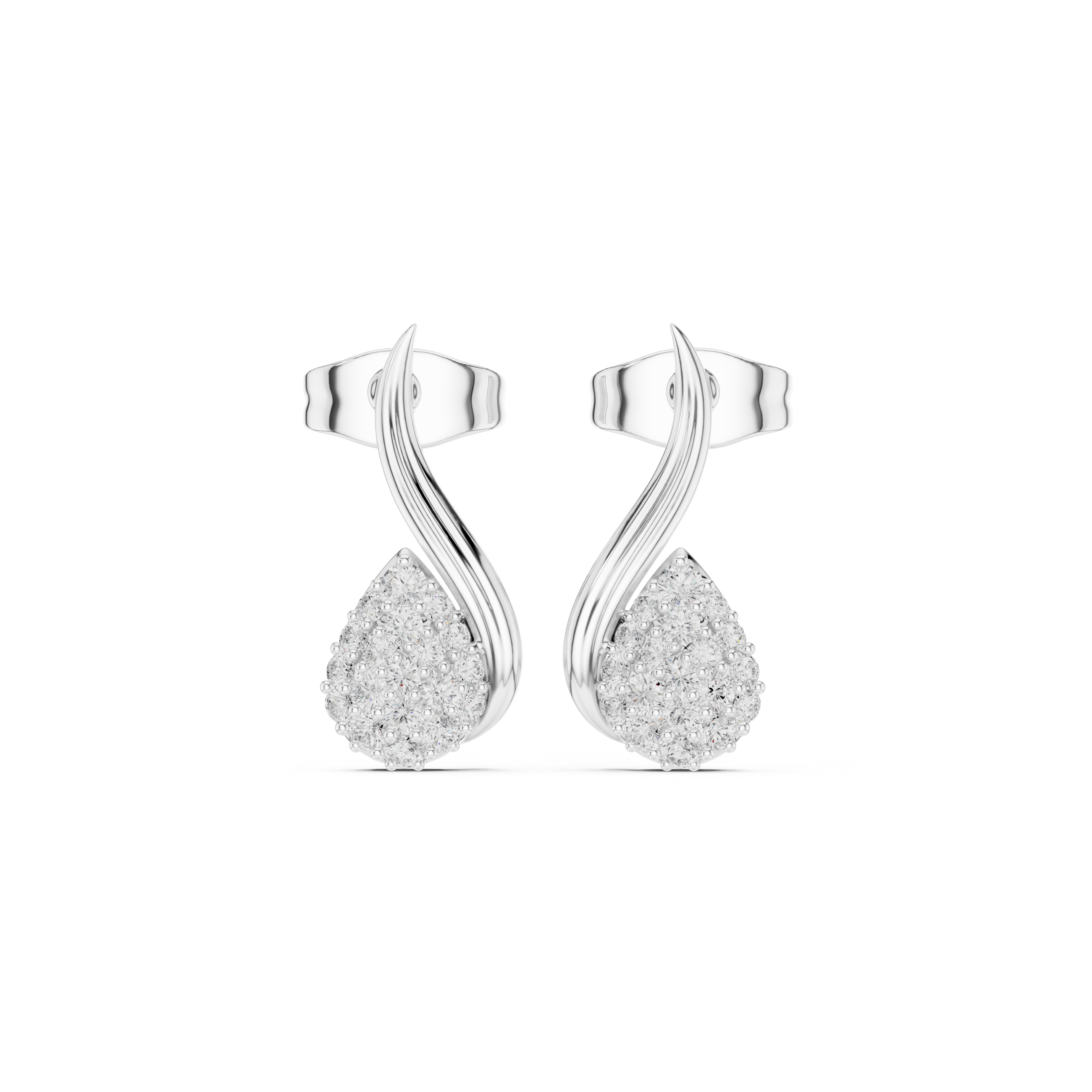 Round brilliant cluster teardrop stud earrings with a polished double swirl stem above
