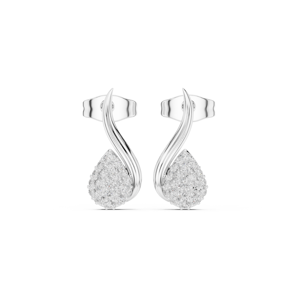 Round brilliant cluster teardrop stud earrings with a polished double swirl stem above