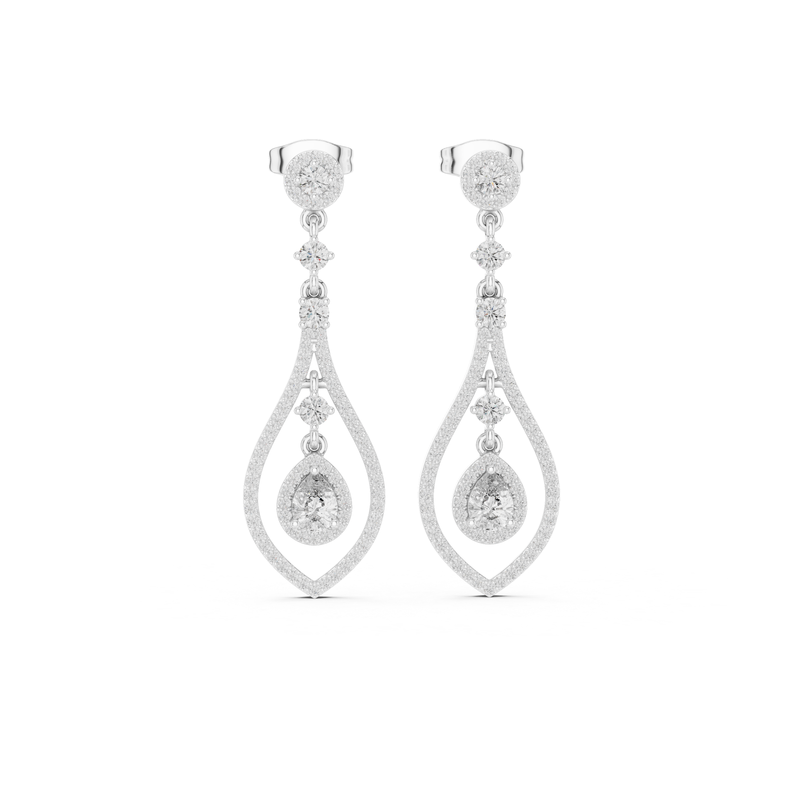 Teardrop pave dangler earrings with round halo stud top, stone chain link and open pear shaped pave frame with floating pear halo centre