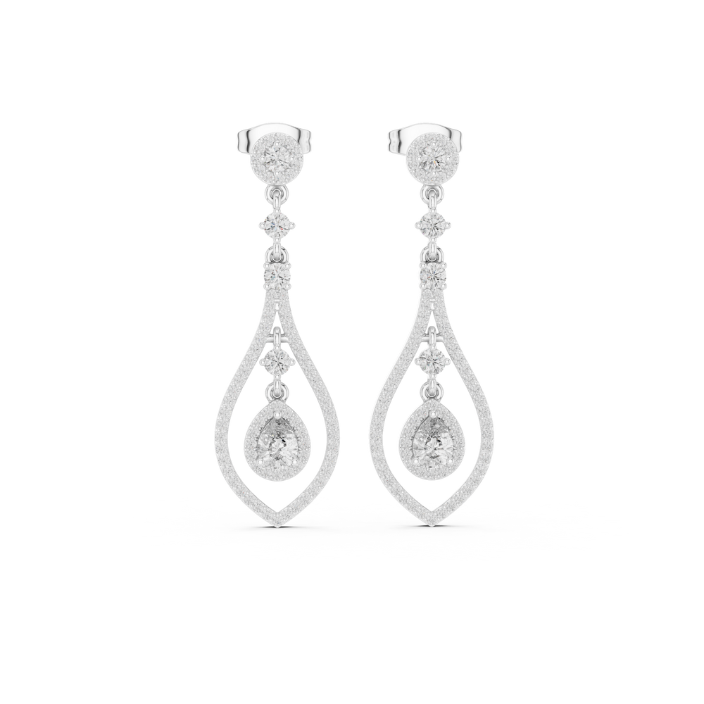 Teardrop pave dangler earrings with round halo stud top, stone chain link and open pear shaped pave frame with floating pear halo centre