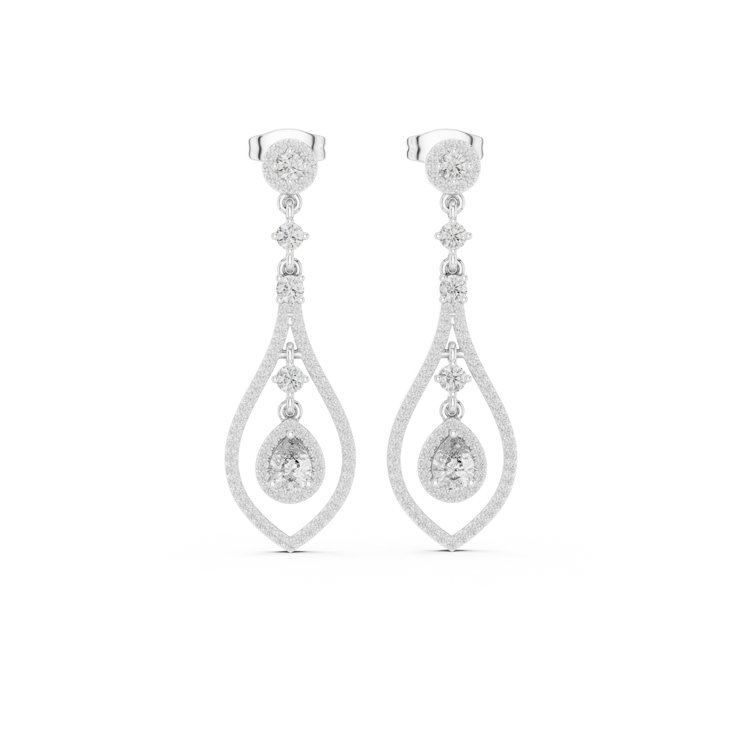 Teardrop pave dangler earrings with round halo stud top, stone chain link and open pear shaped pave frame with floating pear halo centre