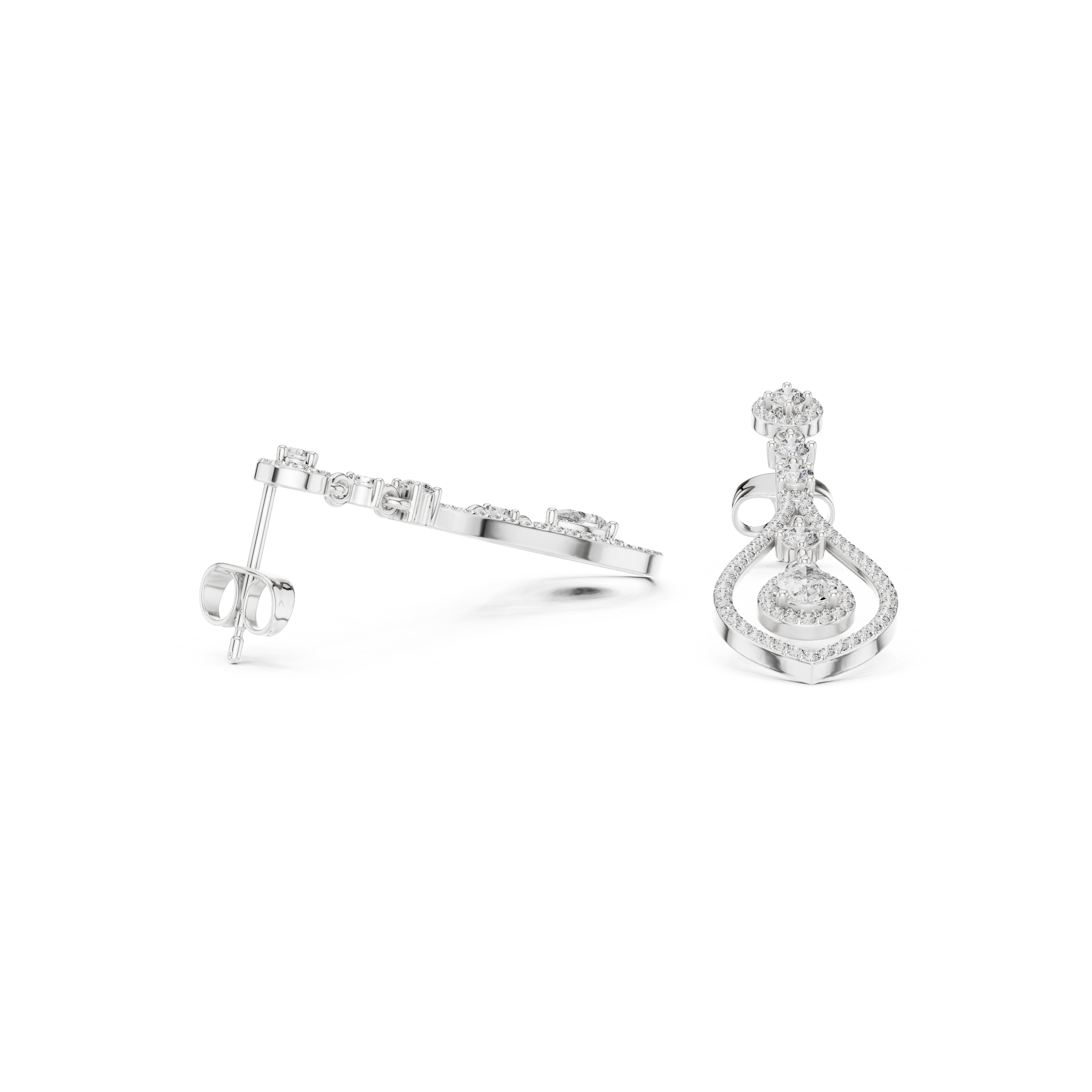Teardrop pave dangler earrings with round halo stud top, stone chain link and open pear shaped pave frame with floating pear halo centre