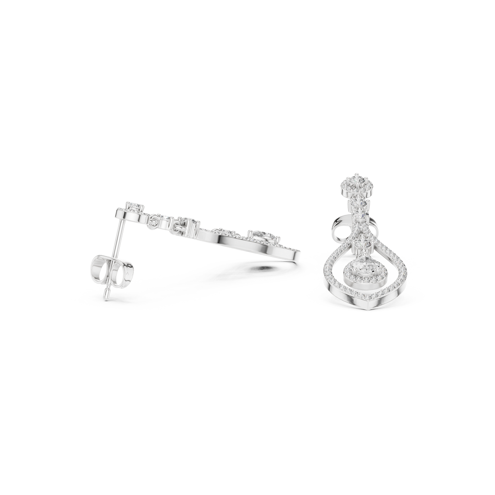 Teardrop pave dangler earrings with round halo stud top, stone chain link and open pear shaped pave frame with floating pear halo centre