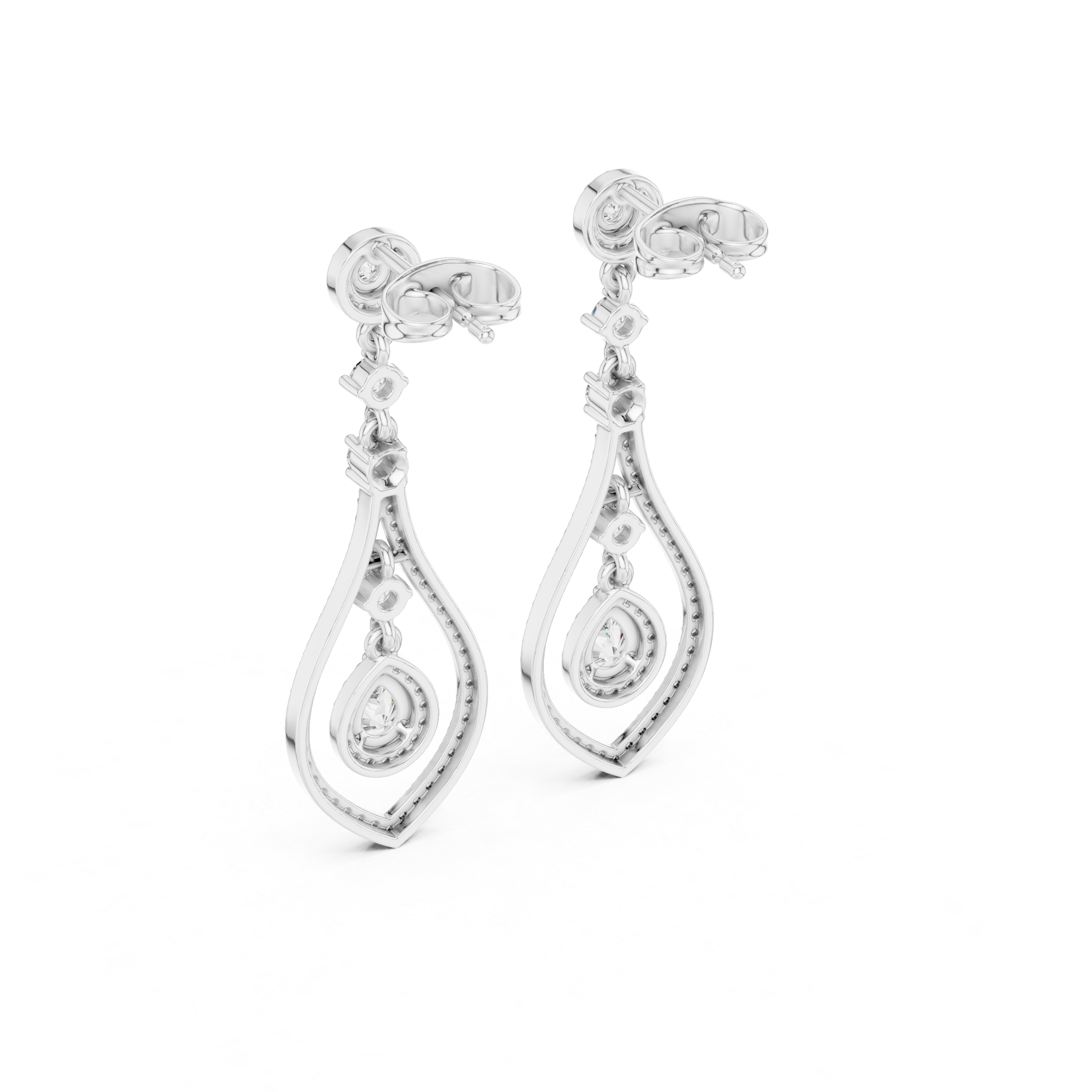 Teardrop pave dangler earrings with round halo stud top, stone chain link and open pear shaped pave frame with floating pear halo centre