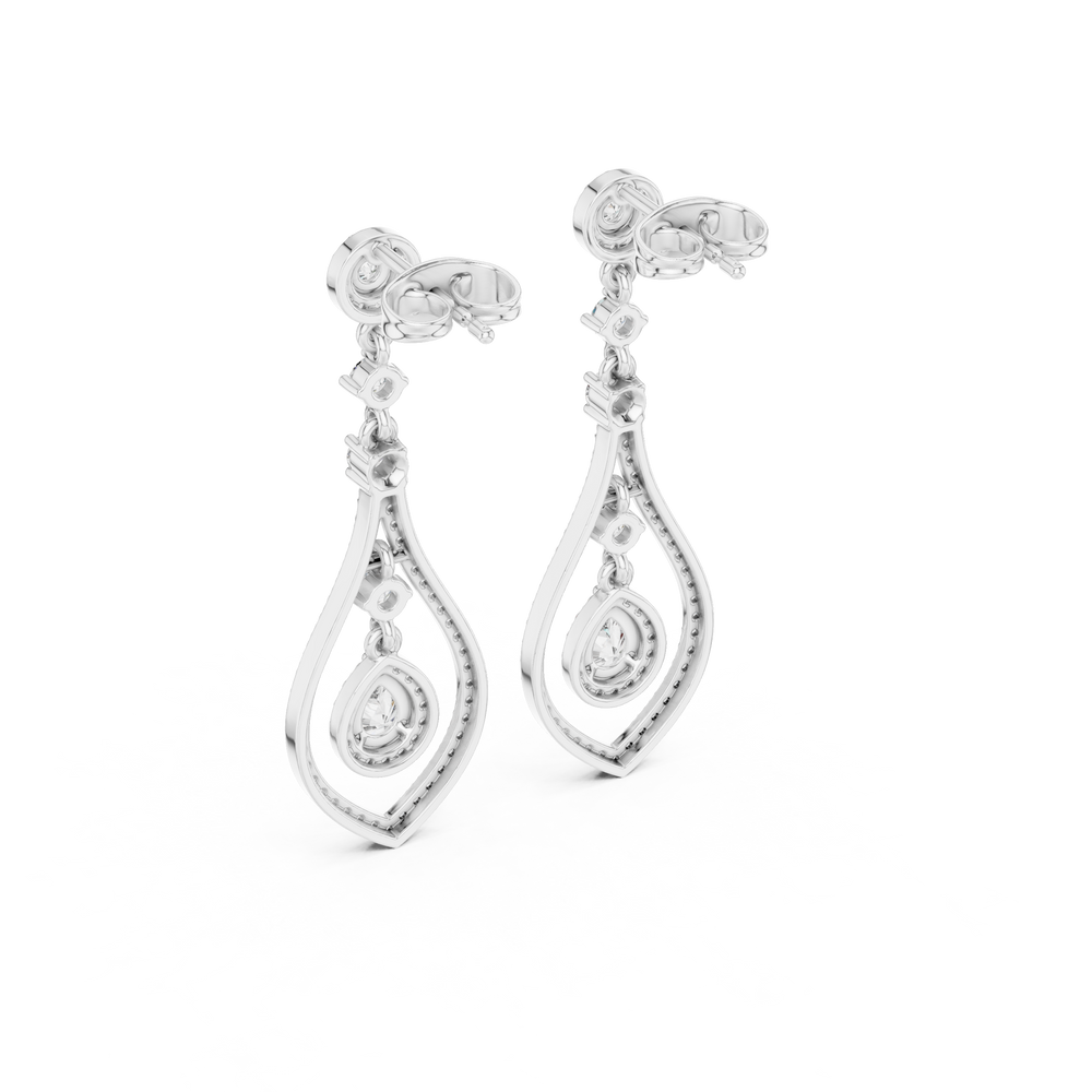 Teardrop pave dangler earrings with round halo stud top, stone chain link and open pear shaped pave frame with floating pear halo centre