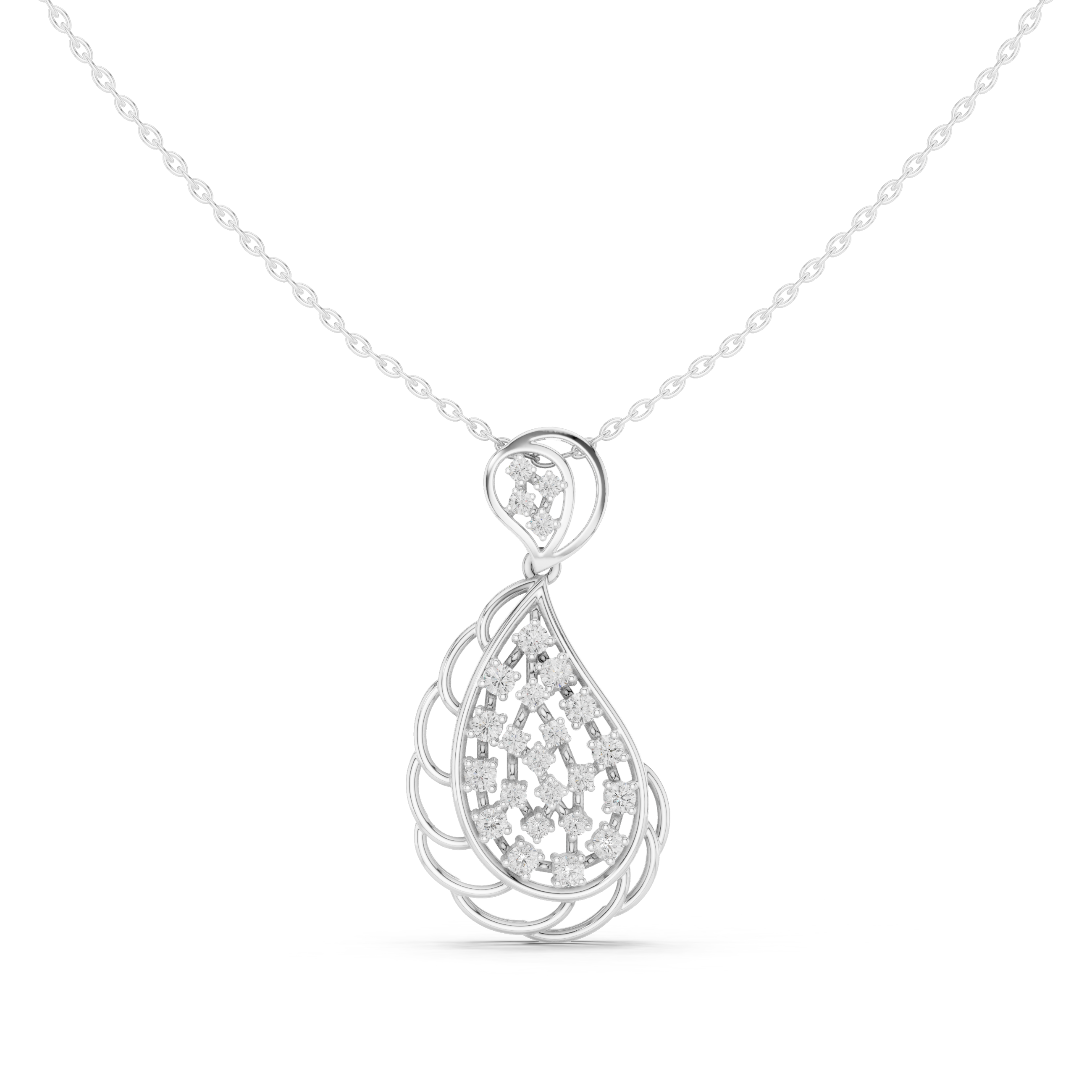 Silver chain necklace with teardrop swirl pendant featuring pavé diamond accents
