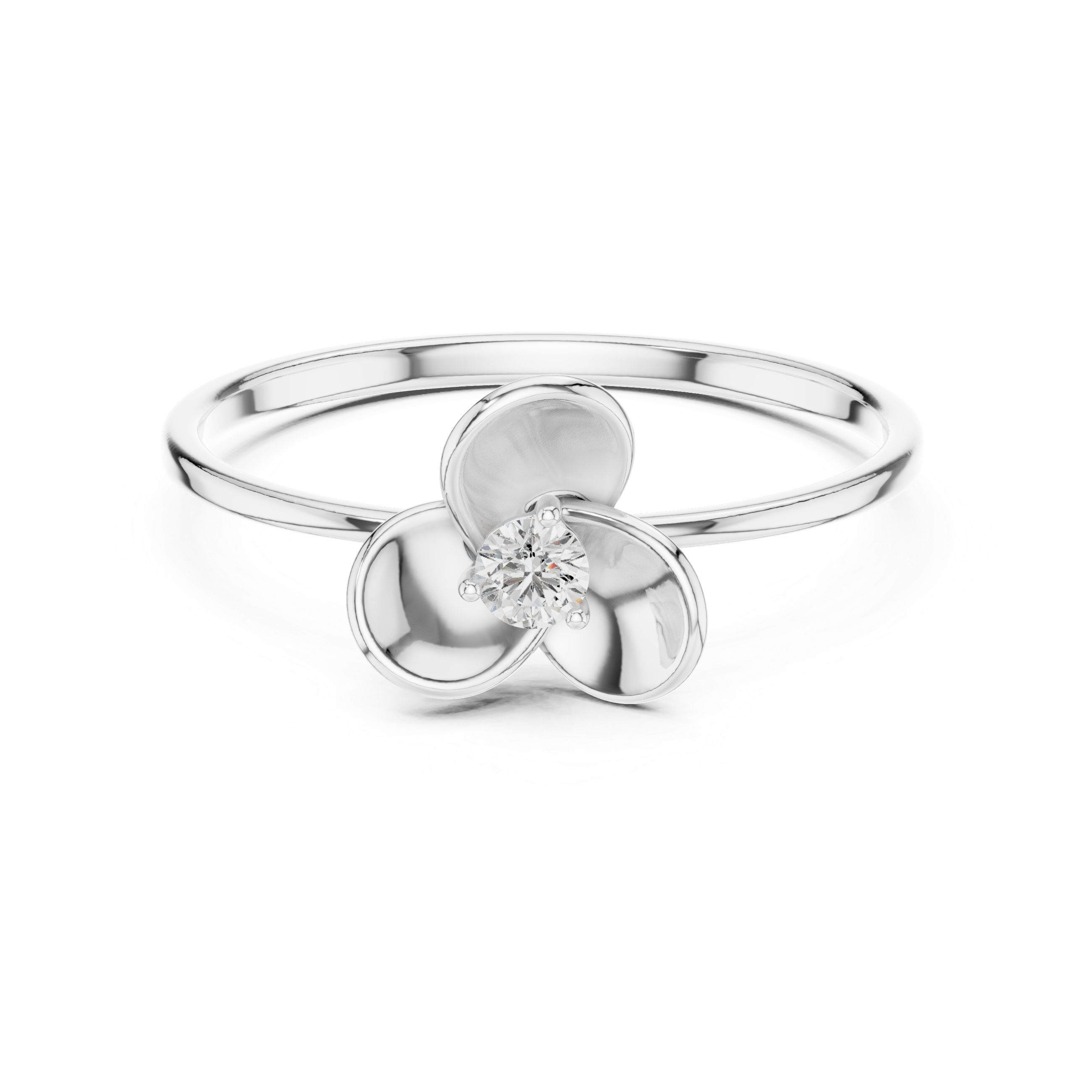 Three petal floral solitaire ring with sculpted bloom and polished rounded band