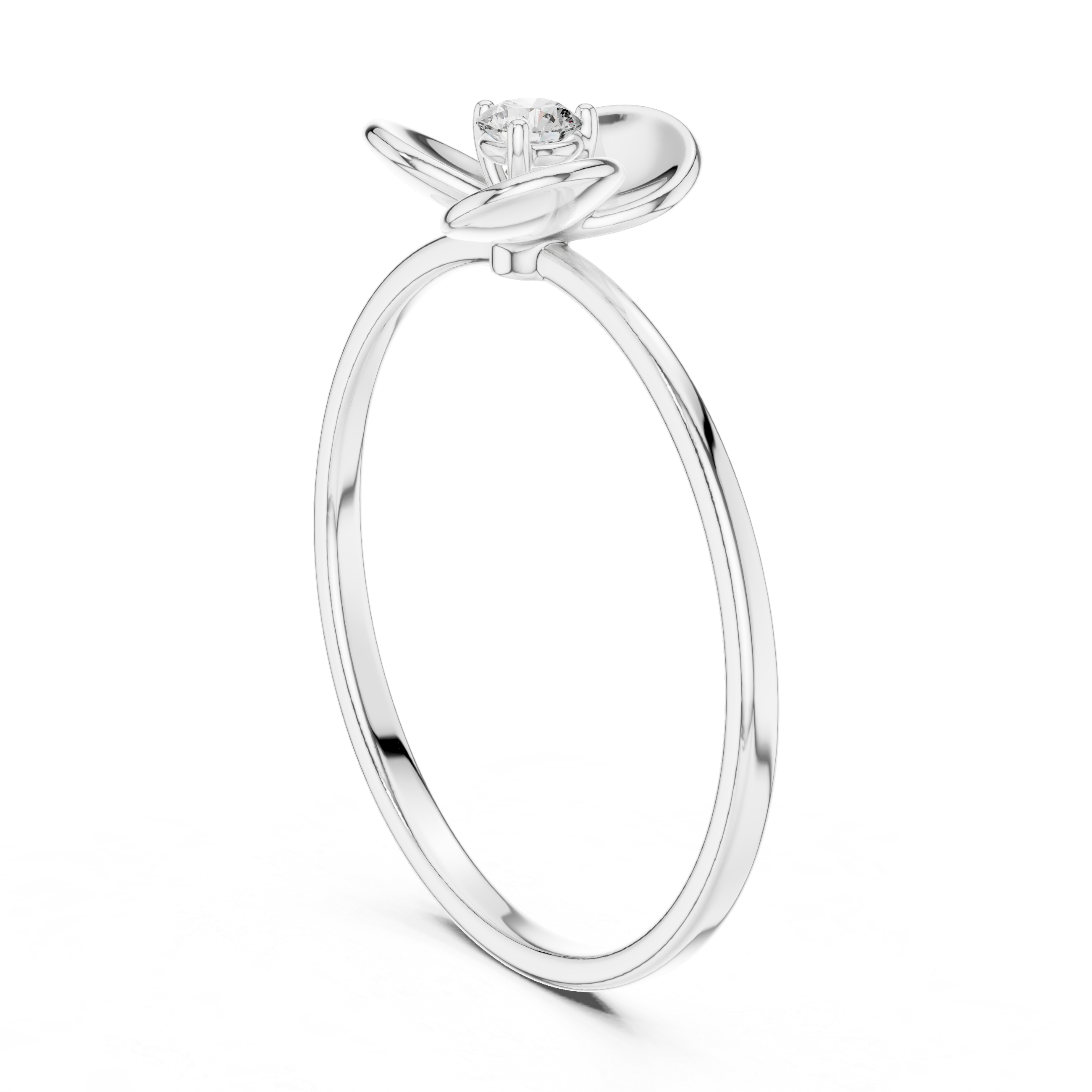 Three petal floral solitaire ring with sculpted bloom and polished rounded band