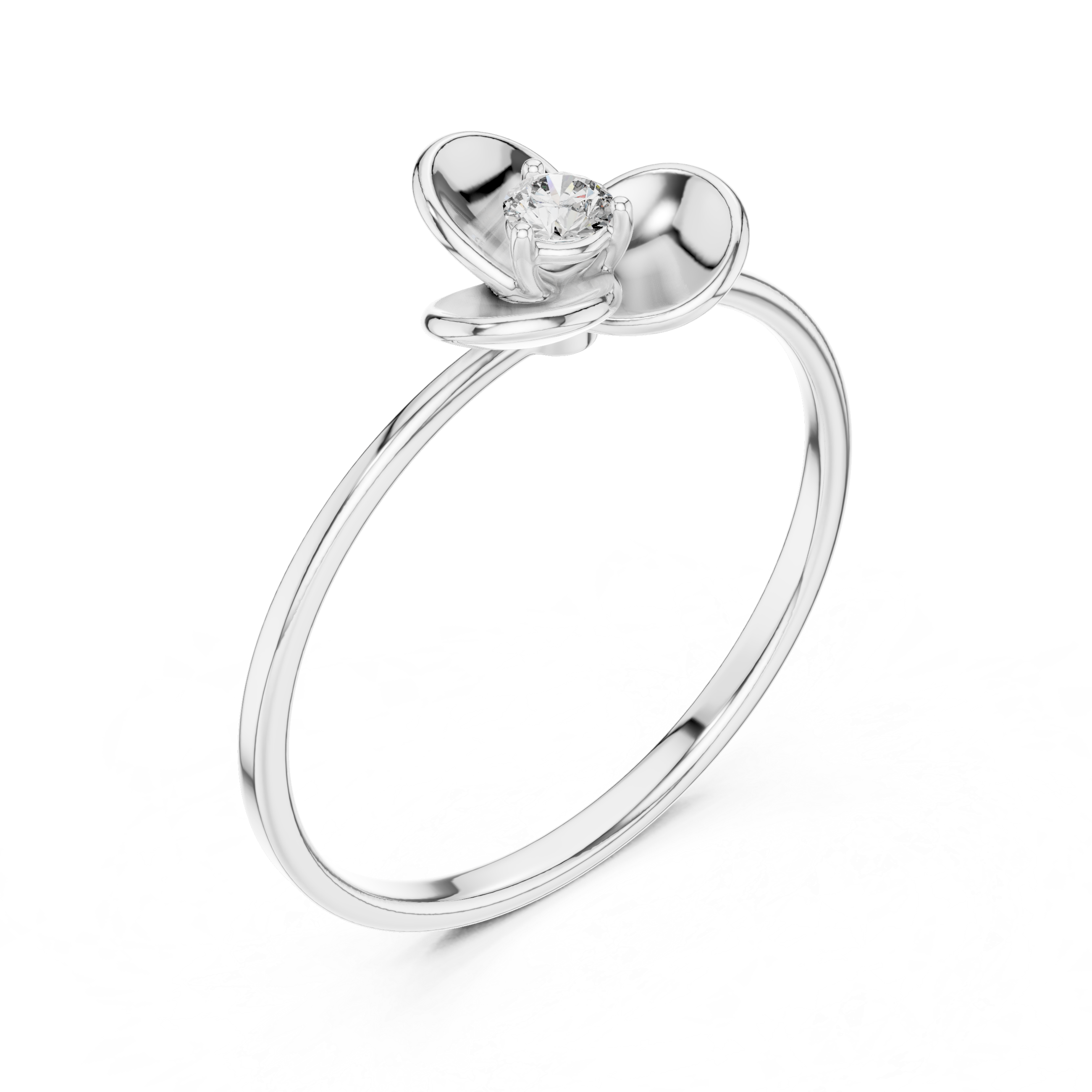 Three petal floral solitaire ring with sculpted bloom and polished rounded band