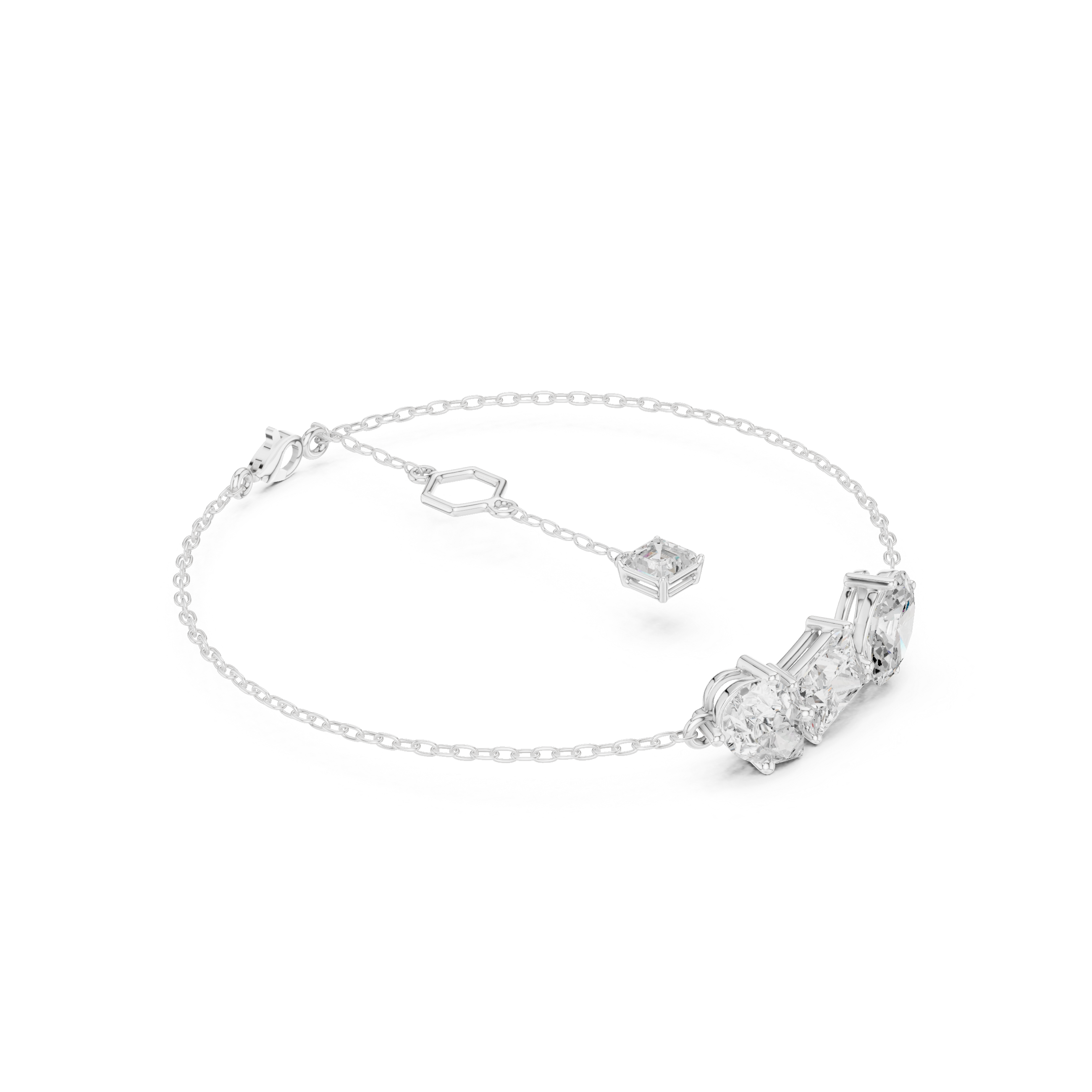Silver chain bracelet with three mixed-cut diamond stones centerpiece