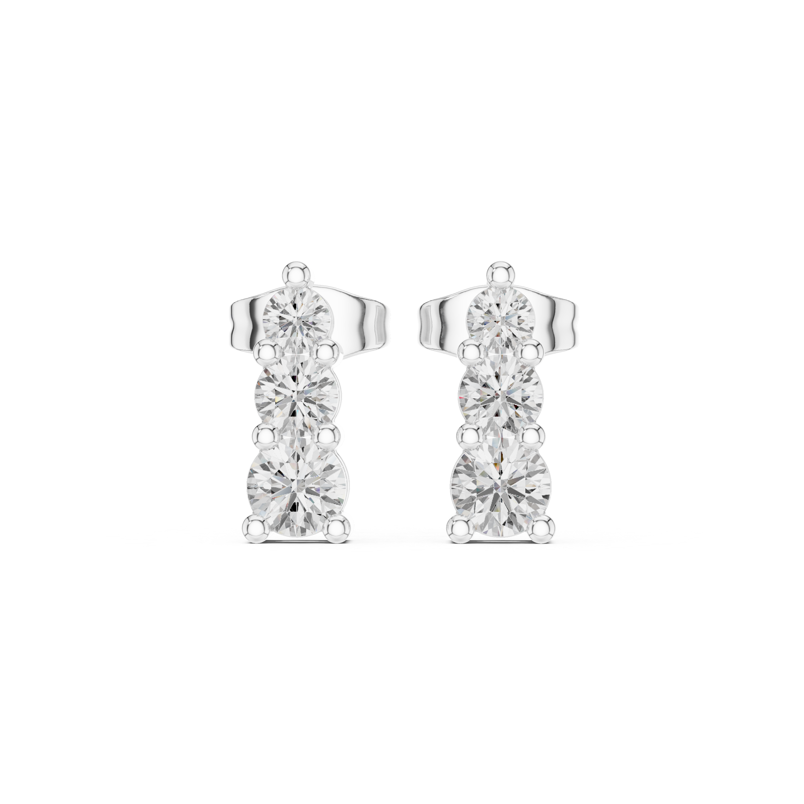 Three graduating round brilliant stones in a vertical drop stud earring