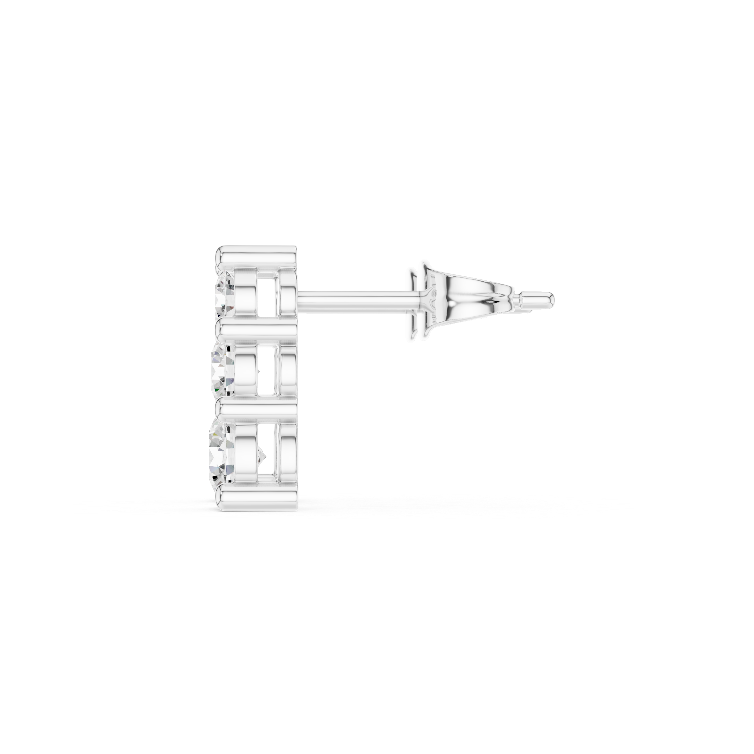 Three graduating round brilliant stones in a vertical drop stud earring