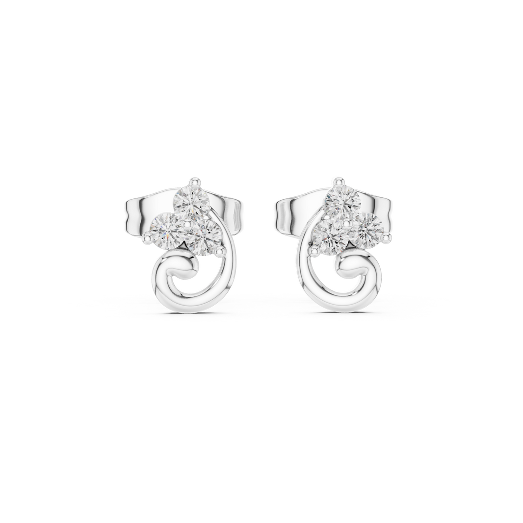 Three-stone round brilliant prong-set stud earrings with a polished swirl curl detail below the cluster setting