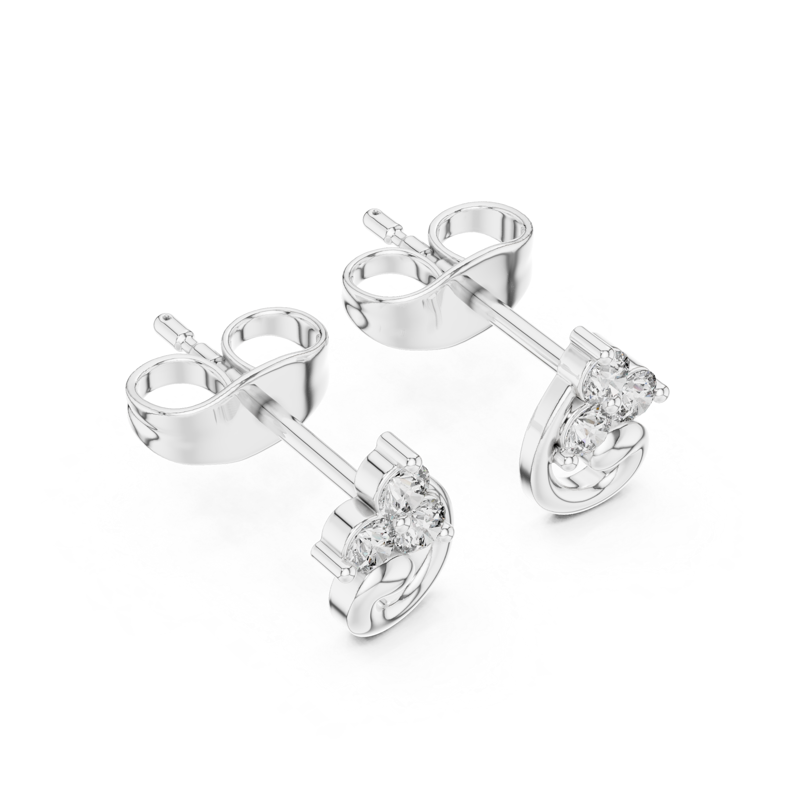 Three-stone round brilliant prong-set stud earrings with a polished swirl curl detail below the cluster setting