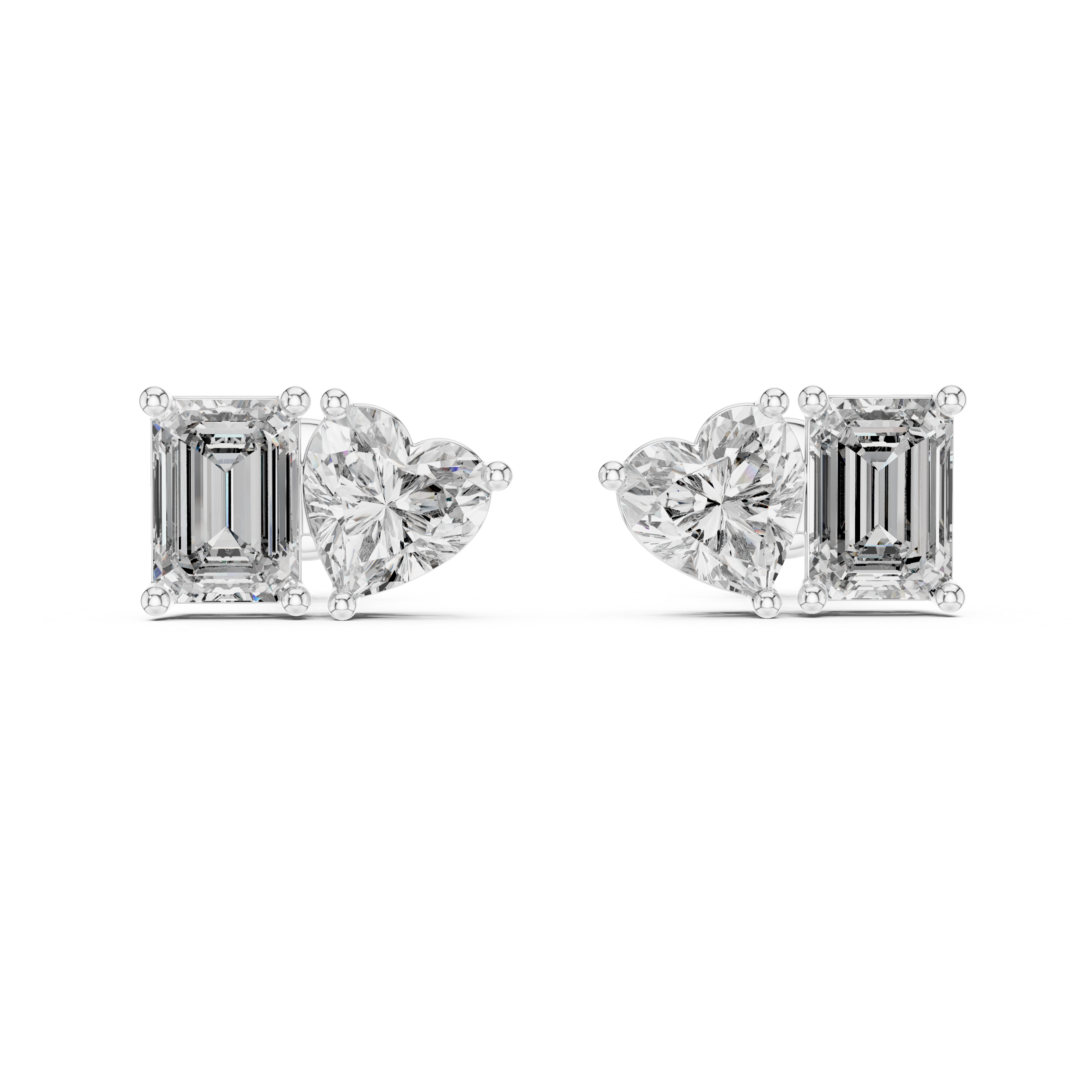 Toi et moi stud earrings with side by side emerald cut and heart shaped stones in prong setting